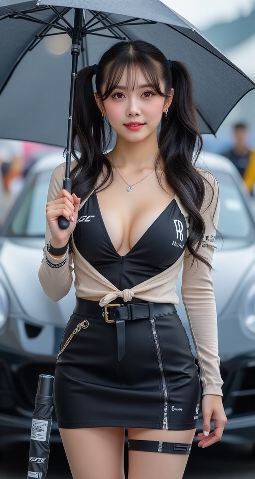 Create a realistic photograph: A solo 1girl with long,  black hair and twintails,  wearing a shrug and a skirt that reveal...