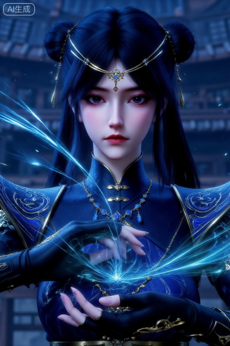 (Masterpiece, best quality, 8K, HDR, ultra-detailed:1.3), 1 beautiful ancient Chinese sorceress with mystical aura, wearing luxurious deep blue hanfu with intricate golden embroidery and gemstone embellishments. Her hair is styled in an elegant high bun adorned with delicate golden forehead accessories and dangling tassels. Long black hair flows down from the side buns. She has a thoughtful, slightly melancholic expression while conjuring flowing energy ribbons of light blue and turquoise between her hands, suggesting elemental (water/wind) manipulation abilities. Blurred dark blue background creates contrast with the figure. Centered composition with energy streams extending sideways, guiding focus to the character and her powers. Color scheme dominated by cool tones of blue, cyan, black with gold accents, creating a mystical, noble and powerful fantasy atmosphere. Cine0, Sampler: DPM++ 2M Karras, CFG scale: 7, Seed: 2233445566, Size: 1024x1536, Model: majicmixRealistic_v7