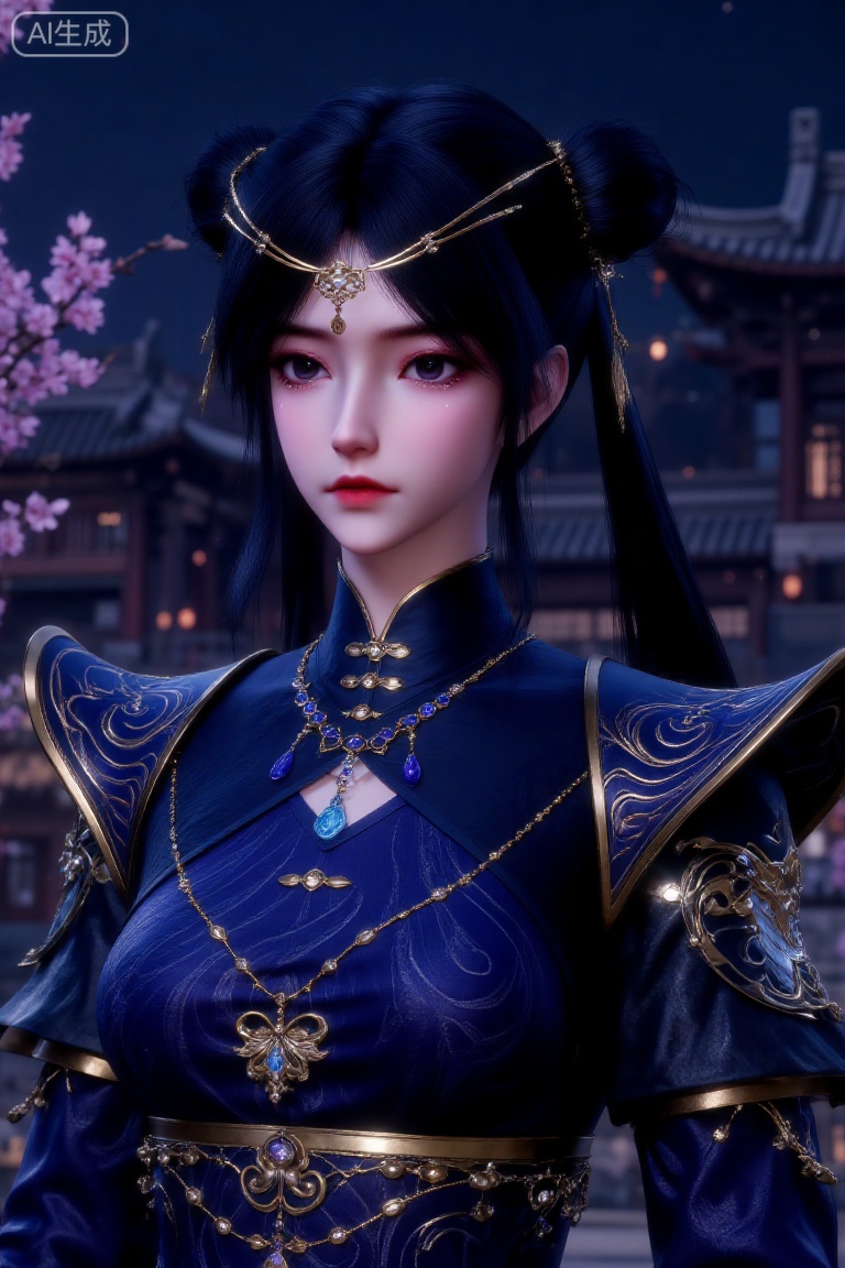 (Masterpiece, best quality, 8K, HDR, ultra-detailed:1.3), 1 beautiful ancient Chinese noblewoman with exquisite double buns hairstyle adorned with golden hair accessories and ornaments. Wearing luxurious deep blue hanfu with intricate golden patterns, exaggerated shoulder design, and multiple layers of gemstone necklaces. Standing gracefully against a backdrop of ancient architecture at night with twinkling lights, pink flower branches visible on the left. Centered composition, color scheme dominated by deep blue and gold, creating an elegant, majestic and classical atmosphere. Traditional Chinese art style, cinematic lighting, highly detailed costume textures and jewelry.