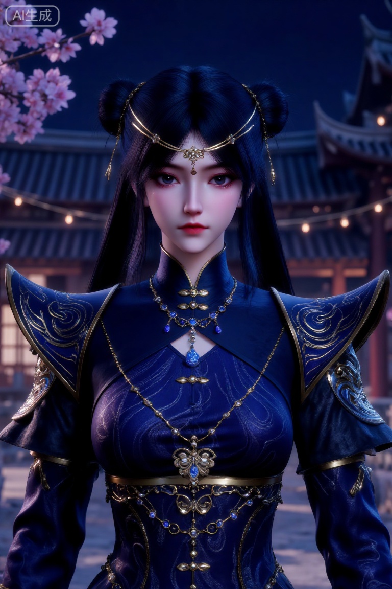 (Masterpiece, best quality, 8K, HDR, ultra-detailed:1.3), 1 beautiful ancient Chinese noblewoman with exquisite double buns hairstyle adorned with golden hair accessories and ornaments. Wearing luxurious deep blue hanfu with intricate golden patterns, exaggerated shoulder design, and multiple layers of gemstone necklaces. Standing gracefully against a backdrop of ancient architecture at night with twinkling lights, pink flower branches visible on the left. Centered composition, color scheme dominated by deep blue and gold, creating an elegant, majestic and classical atmosphere. Traditional Chinese art style, cinematic lighting, highly detailed costume textures and jewelry.