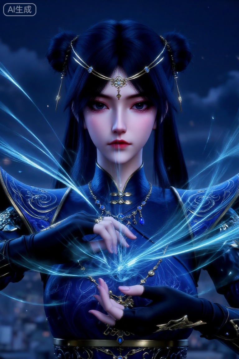 (Masterpiece, best quality, 8K, HDR, ultra-detailed:1.3), 1 beautiful ancient Chinese sorceress with mystical aura, wearing luxurious deep blue hanfu with intricate golden embroidery and gemstone embellishments. Her hair is styled in an elegant high bun adorned with delicate golden forehead accessories and dangling tassels. Long black hair flows down from the side buns. She has a thoughtful, slightly melancholic expression while conjuring flowing energy ribbons of light blue and turquoise between her hands, suggesting elemental (water/wind) manipulation abilities. Blurred dark blue background creates contrast with the figure. Centered composition with energy streams extending sideways, guiding focus to the character and her powers. Color scheme dominated by cool tones of blue, cyan, black with gold accents, creating a mystical, noble and powerful fantasy atmosphere. Cine0, Sampler: DPM++ 2M Karras, CFG scale: 7, Seed: 2233445566, Size: 1024x1536, Model: majicmixRealistic_v7