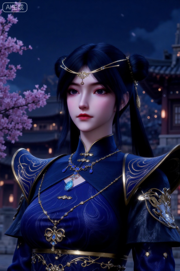 (Masterpiece, best quality, 8K, HDR, ultra-detailed:1.3), 1 beautiful ancient Chinese noblewoman with exquisite double buns hairstyle adorned with golden hair accessories and ornaments. Wearing luxurious deep blue hanfu with intricate golden patterns, exaggerated shoulder design, and multiple layers of gemstone necklaces. Standing gracefully against a backdrop of ancient architecture at night with twinkling lights, pink flower branches visible on the left. Centered composition, color scheme dominated by deep blue and gold, creating an elegant, majestic and classical atmosphere. Traditional Chinese art style, cinematic lighting, highly detailed costume textures and jewelry.