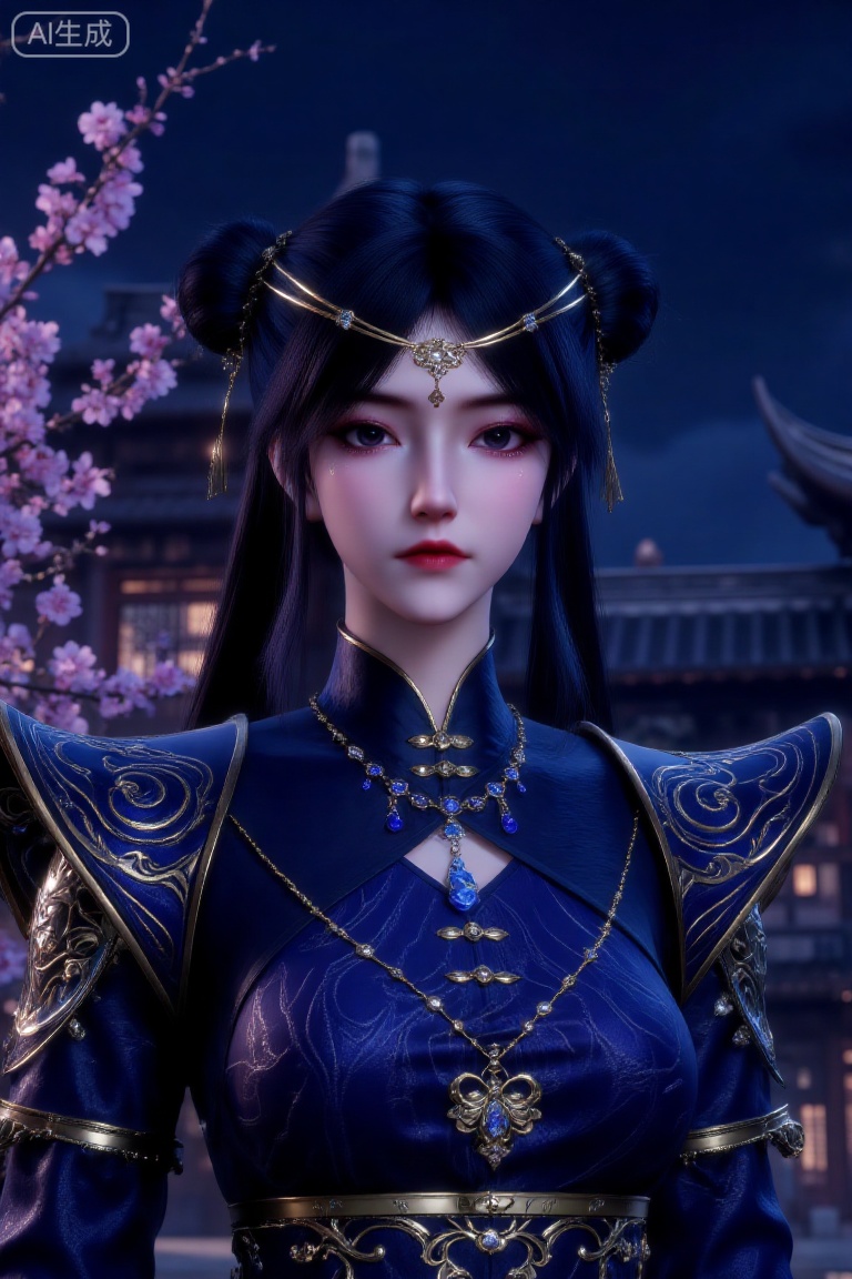 (Masterpiece, best quality, 8K, HDR, ultra-detailed:1.3), 1 beautiful ancient Chinese noblewoman with exquisite double buns hairstyle adorned with golden hair accessories and ornaments. Wearing luxurious deep blue hanfu with intricate golden patterns, exaggerated shoulder design, and multiple layers of gemstone necklaces. Standing gracefully against a backdrop of ancient architecture at night with twinkling lights, pink flower branches visible on the left. Centered composition, color scheme dominated by deep blue and gold, creating an elegant, majestic and classical atmosphere. Traditional Chinese art style, cinematic lighting, highly detailed costume textures and jewelry.