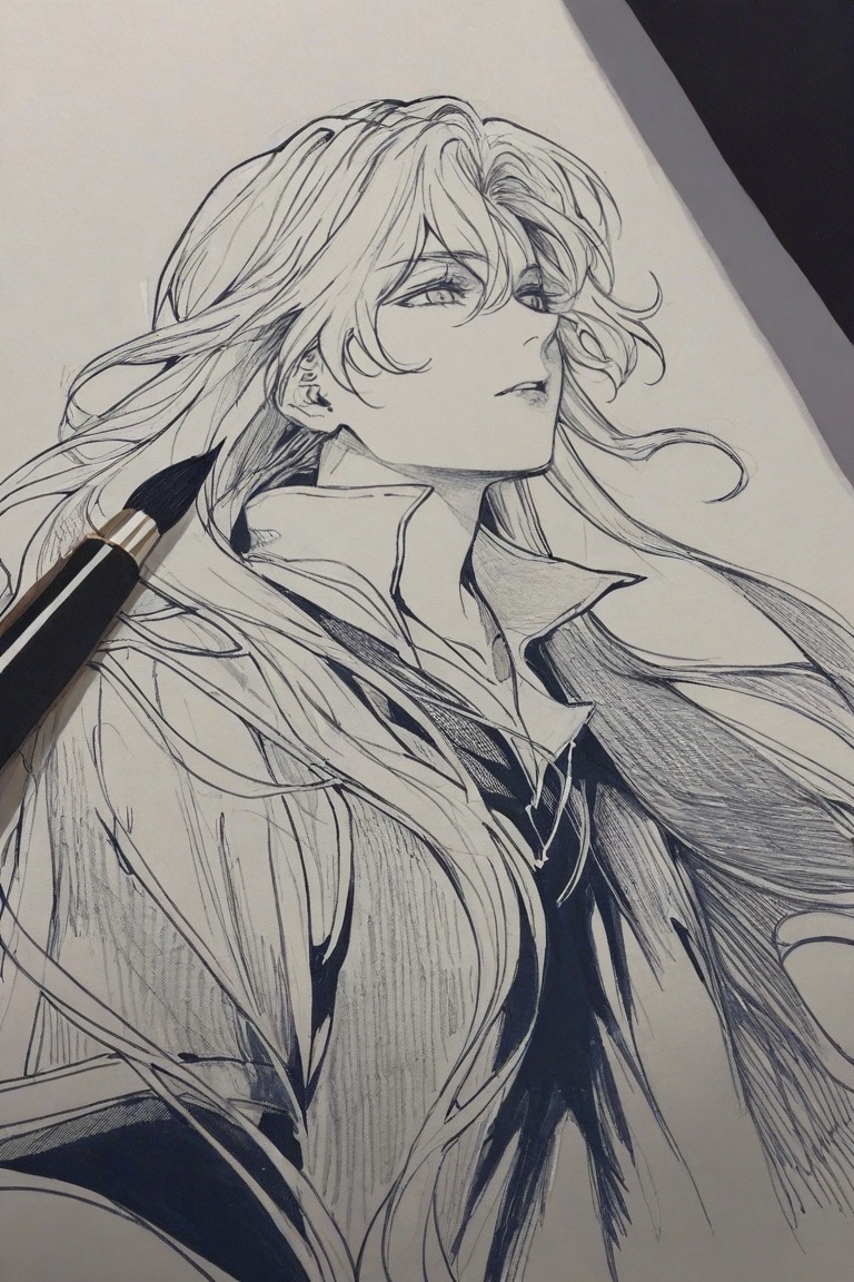 The image depicts a stylized,  monochromatic sketch of a person with long,  flowing hair. The individual is wearing a high...