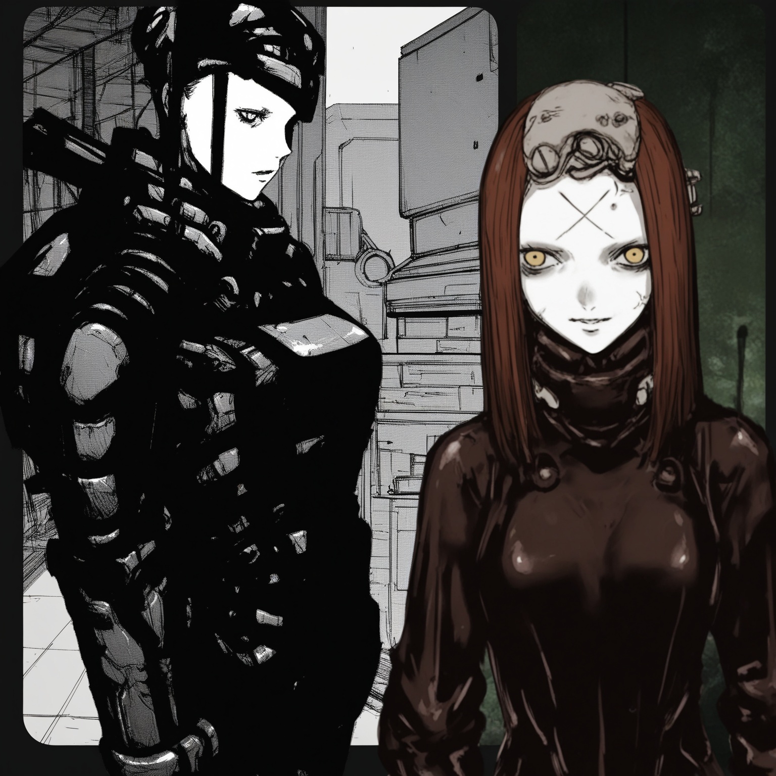 n1h31,  2girls,  colored manga character cropped over dark gritty industrial video game background on Tensor.Art