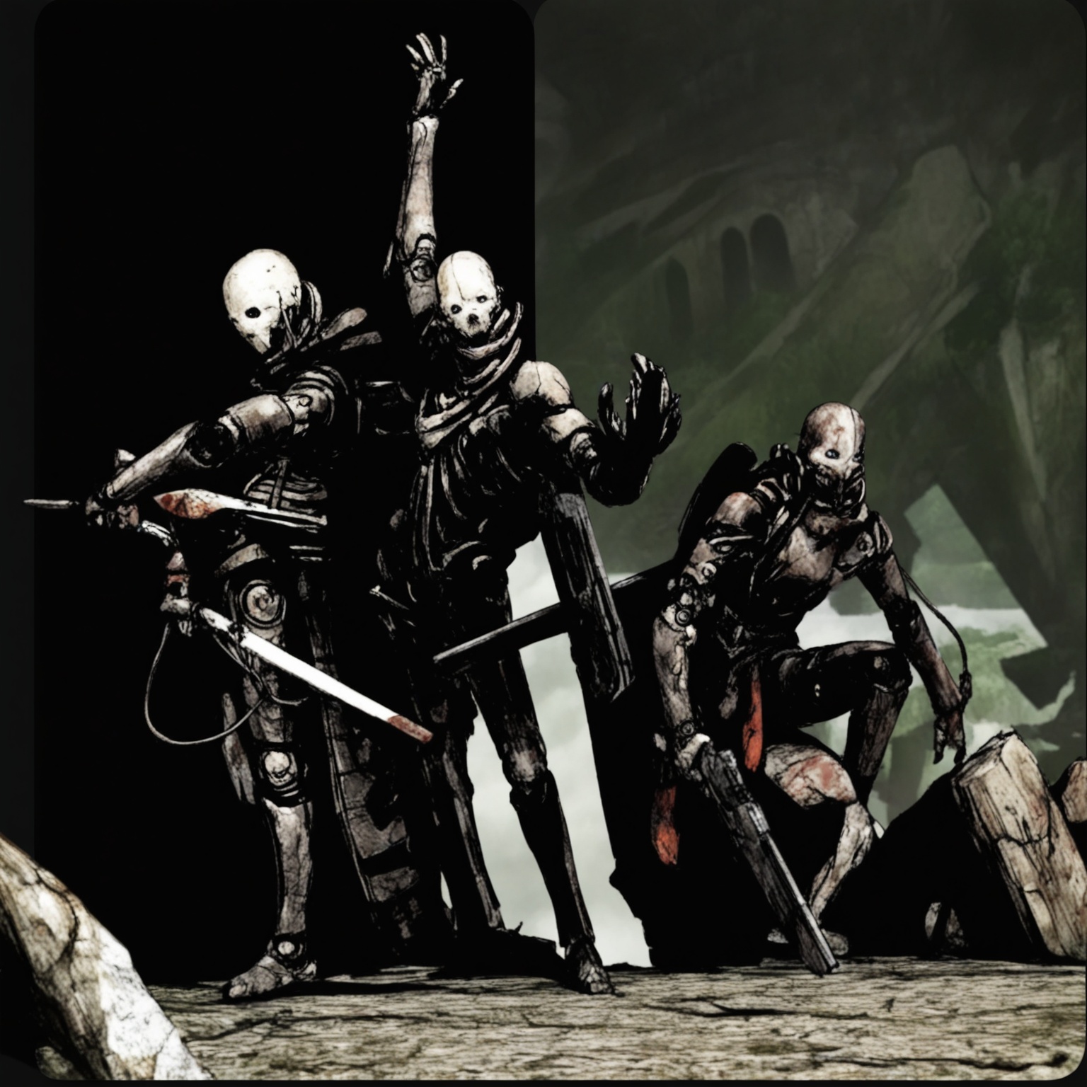 n1h31,  colored manga character cropped over dark gritty industrial video game background on Tensor.Art