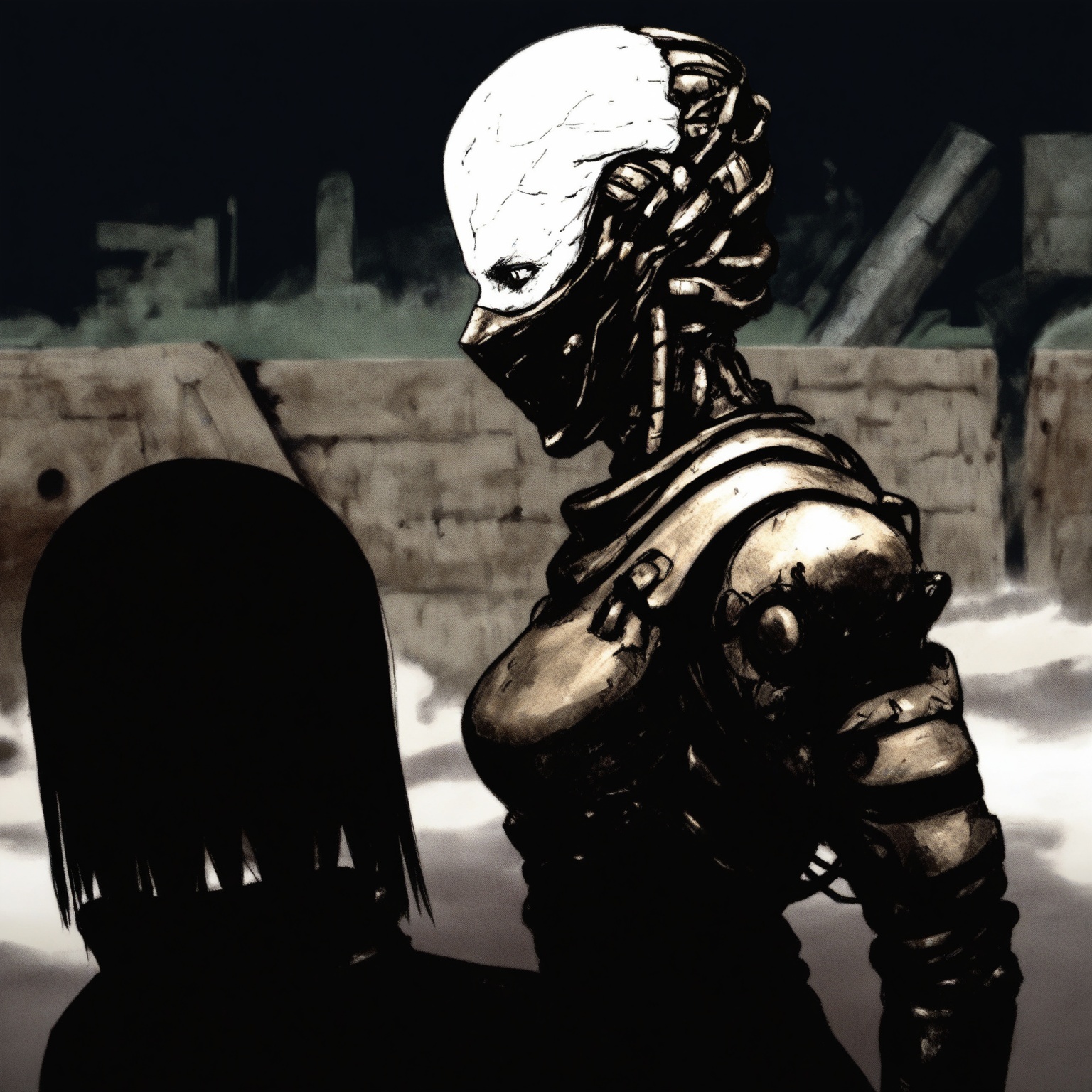 n1h31,  2girls,  colored manga character cropped over dark gritty industrial video game background on Tensor.Art