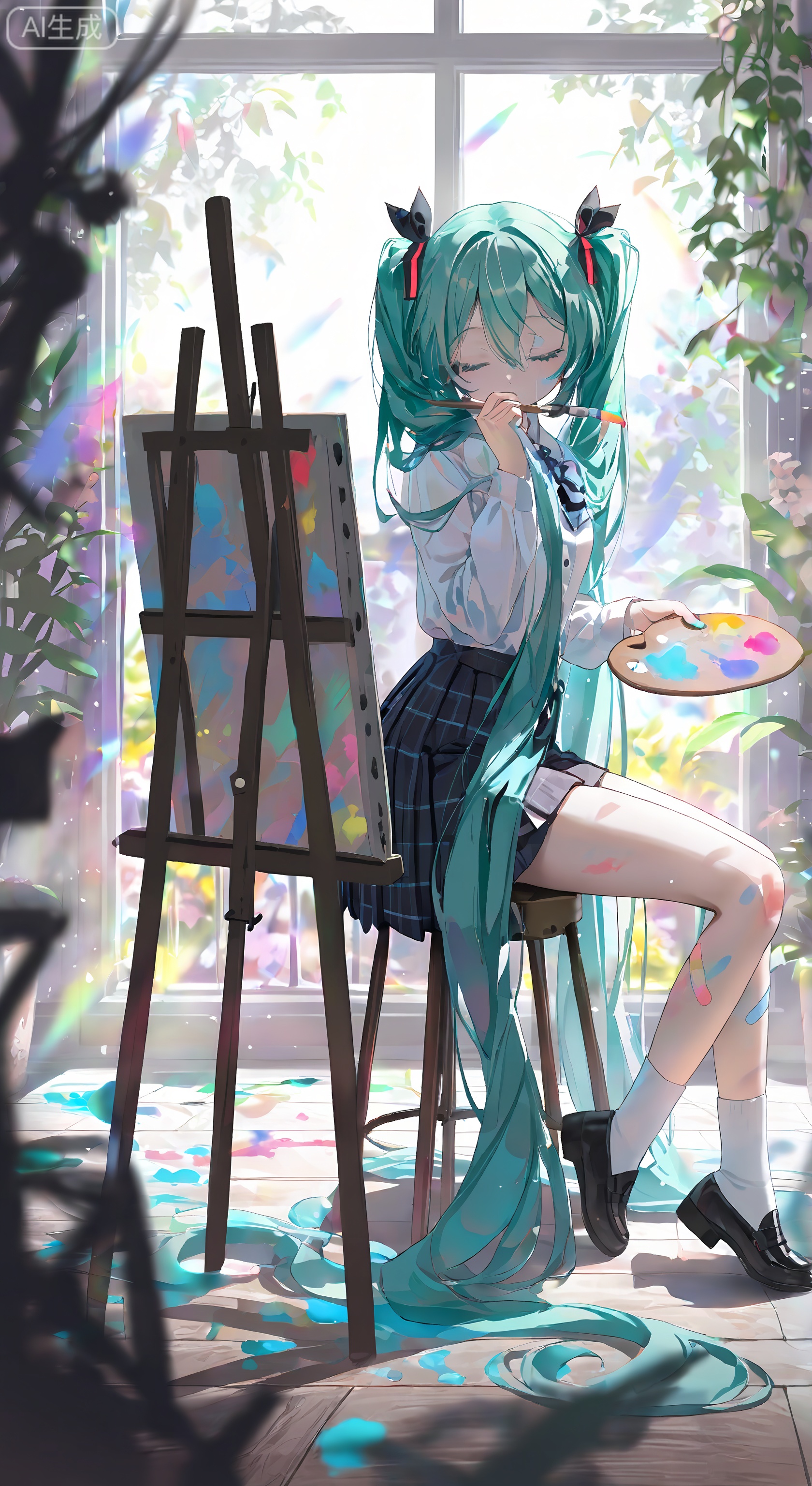 1girl, solo, long hair, bangs, skirt, shirt, long sleeves, bow, ribbon, holding, hair between eyes, twintails, sitting, very long hair, school uniform, full body, closed eyes, hair ribbon, white shirt, hair bow, pleated skirt, green hair, shoes, socks, indoors, black skirt, black footwear, window, black bow, white socks, loafers, bandaid, paintbrush, bandaid on leg, paint, holding paintbrush, palette \(object\), canvas \(object\), hatsune miku
,depth of field,cinematic lighting,light particles,lens flare, extreme aesthetic,masterpiece,best quality,good quality,newest,very aesthetic,absurdres,A shot with tension, 32K UHD,sharp focus,best-quality,masterpiece,Emotionalization,temperate atmosphere,with a high-end texture,(Tyndall Effect 1.4),(wlop:0.6),year 2024:0.8),[[artist:rhasta]],colorful,best quality,very aesthetic,absurdres,32K UHD,sharp focus,best-quality,Emotionalization,temperate atmosphere,with a high-end texture,in the style of fashion photography,Dynamic,dynamic force picture,(Visual impact:1.2),The Ninth Art,impactful picture,offcial art,colorful,movie perspective, masterpiece