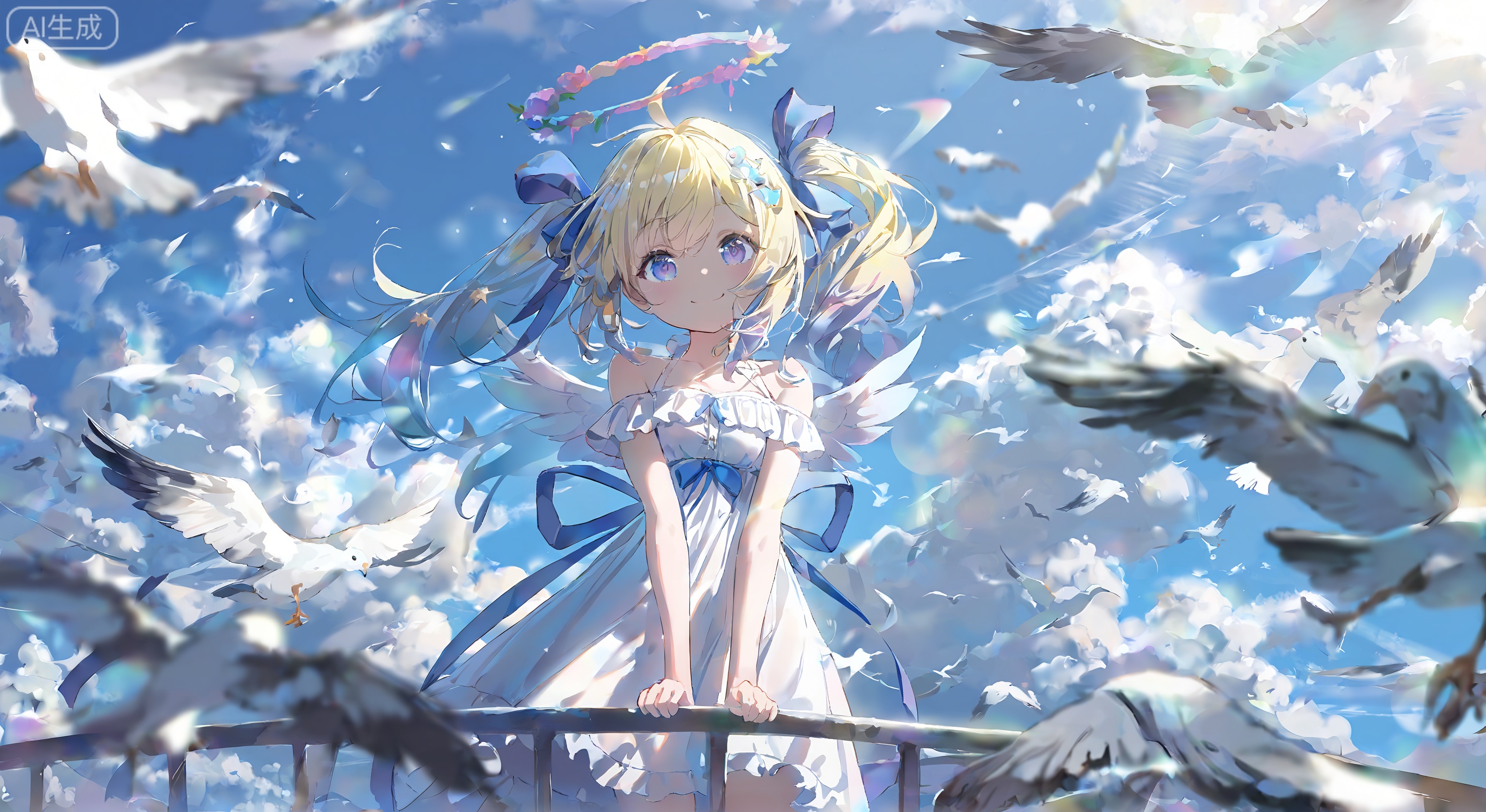 1girl, solo, looking at viewer, smile, bangs, blue eyes, blonde hair, hair ornament, dress, ribbon, closed mouth, standing, purple eyes, hair ribbon, cowboy shot, outdoors, frills, wings, sky, day, cloud, medium hair, star \(symbol\), white dress, blue sky, bird, halo, blue ribbon, angel wings, railing, seagull, white bird
,depth of field,cinematic lighting,light particles,lens flare, extreme aesthetic,masterpiece,best quality,good quality,newest,very aesthetic,absurdres,A shot with tension, 32K UHD,sharp focus,best-quality,masterpiece,Emotionalization,temperate atmosphere,with a high-end texture,(Tyndall Effect 1.4),(wlop:0.6),year 2024:0.8),[[artist:rhasta]],colorful,best quality,very aesthetic,absurdres,32K UHD,sharp focus,best-quality,Emotionalization,temperate atmosphere,with a high-end texture,in the style of fashion photography,Dynamic,dynamic force picture,(Visual impact:1.2),The Ninth Art,impactful picture,offcial art,colorful,movie perspective, masterpiece