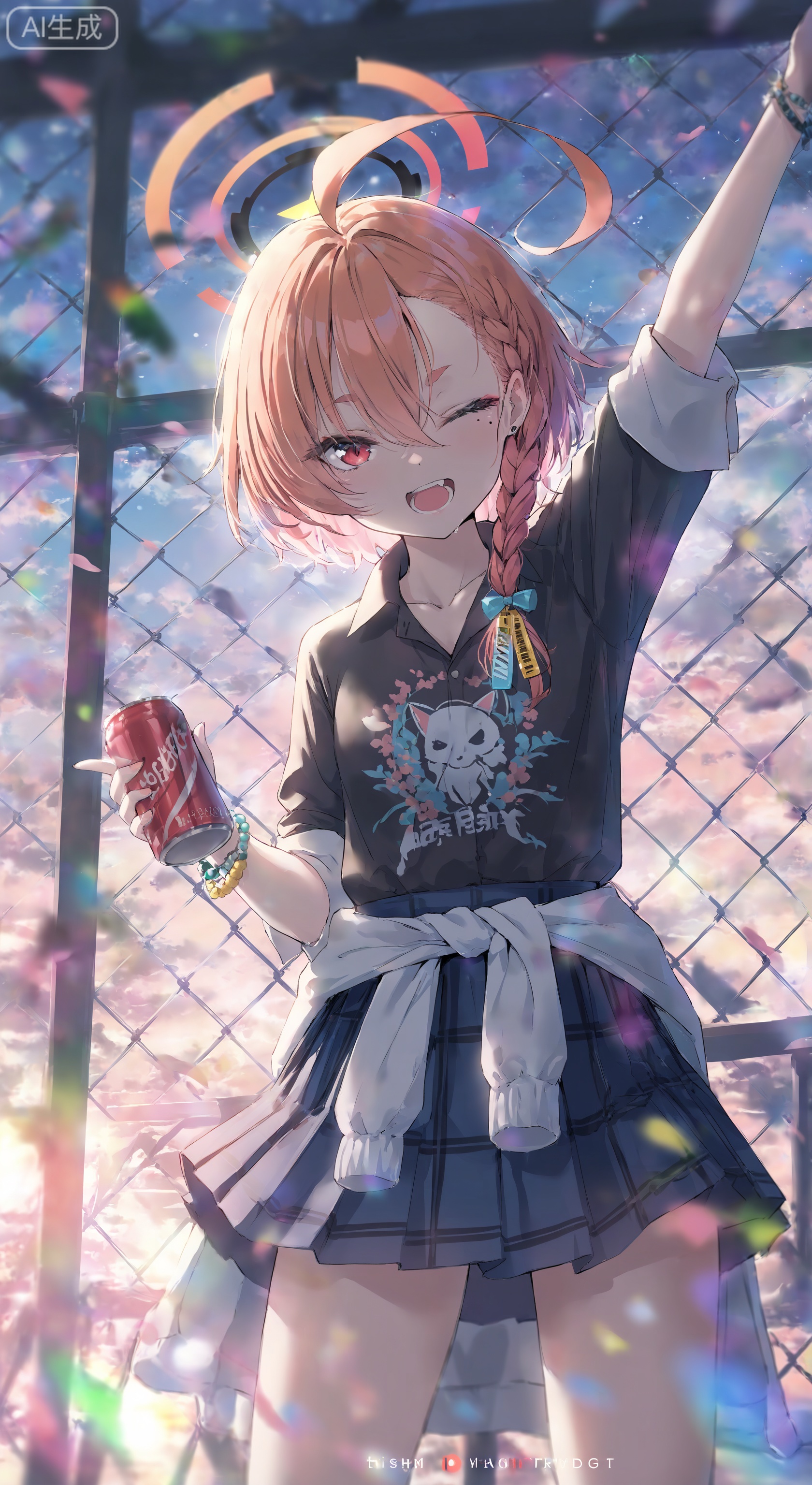 1girl, solo, looking at viewer, open mouth, bangs, skirt, shirt, red eyes, holding, jewelry, collarbone, jacket, white shirt, pink hair, braid, ahoge, cowboy shot, pleated skirt, one eye closed, collared shirt, artist name, orange hair, mole, bracelet, blue skirt, black shirt, mole under eye, single braid, halo, fence, can, clothes around waist, neru \(blue archive\)
,depth of field,cinematic lighting,light particles,lens flare, extreme aesthetic,masterpiece,best quality,good quality,newest,very aesthetic,absurdres,A shot with tension, 32K UHD,sharp focus,best-quality,masterpiece,Emotionalization,temperate atmosphere,with a high-end texture,(Tyndall Effect 1.4),(wlop:0.6),year 2024:0.8),[[artist:rhasta]],colorful,best quality,very aesthetic,absurdres,32K UHD,sharp focus,best-quality,Emotionalization,temperate atmosphere,with a high-end texture,in the style of fashion photography,Dynamic,dynamic force picture,(Visual impact:1.2),The Ninth Art,impactful picture,offcial art,colorful,movie perspective, masterpiece,skin details,cyzf,fczj
