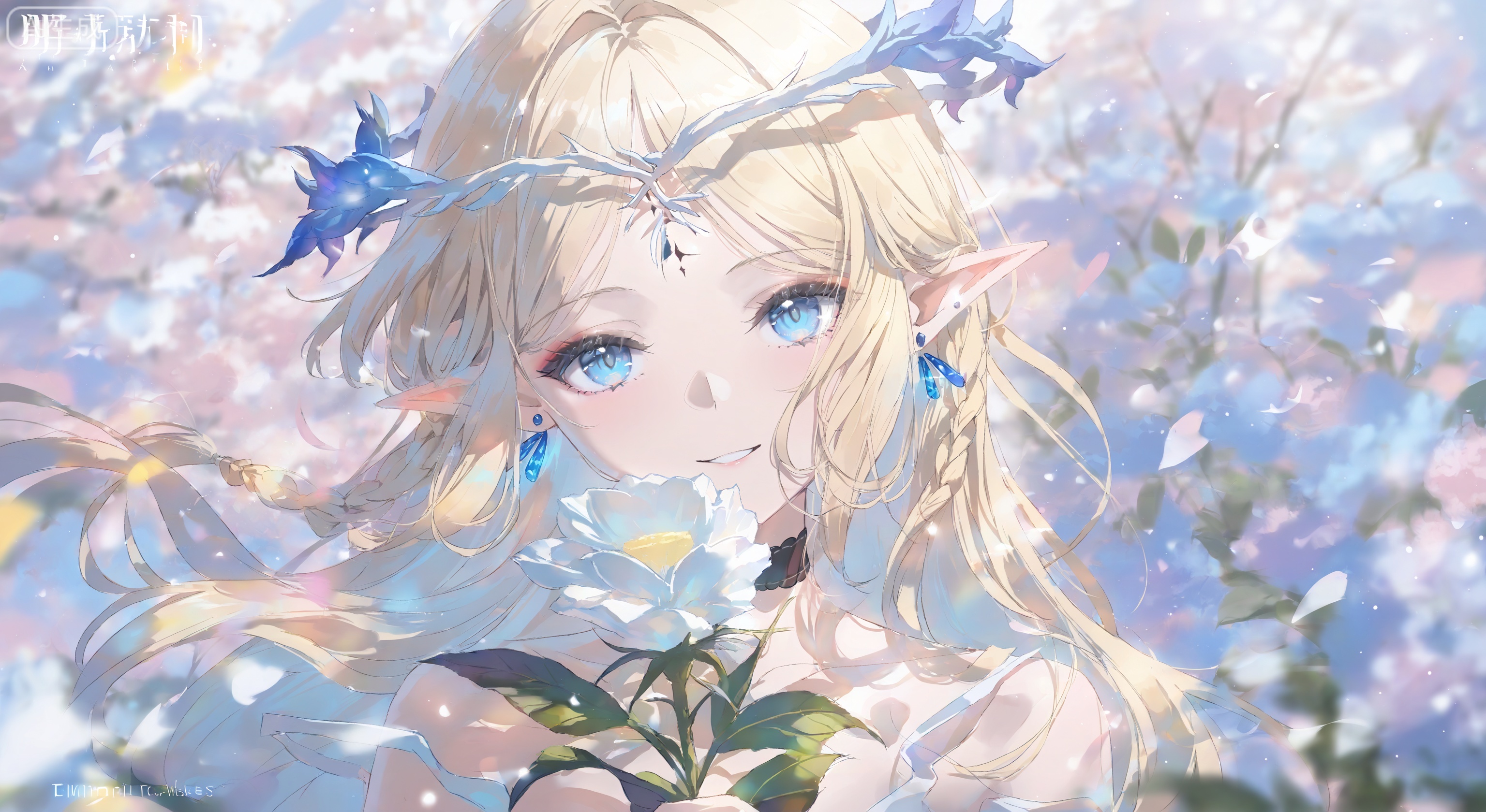 1girl, solo, long hair, looking at viewer, smile, bangs, blue eyes, blonde hair, hair ornament, dress, holding, jewelry, flower, earrings, choker, pointy ears, hair flower, elf, bouquet, holding bouquet,Cartethyia \(wuthering waves\), small blue and white crown of thorns, black forehead mark,  pointy ears,braid,
,depth of field,cinematic lighting,light particles,lens flare, extreme aesthetic,masterpiece,best quality,good quality,newest,very aesthetic,absurdres,A shot with tension, 32K UHD,sharp focus,best-quality,masterpiece,Emotionalization,temperate atmosphere,with a high-end texture,(Tyndall Effect 1.4),(wlop:0.6),year 2024:0.8),[[artist:rhasta]],colorful,best quality,very aesthetic,absurdres,32K UHD,sharp focus,best-quality,Emotionalization,temperate atmosphere,with a high-end texture,in the style of fashion photography,Dynamic,dynamic force picture,(Visual impact:1.2),The Ninth Art,impactful picture,offcial art,colorful,movie perspective, masterpiece