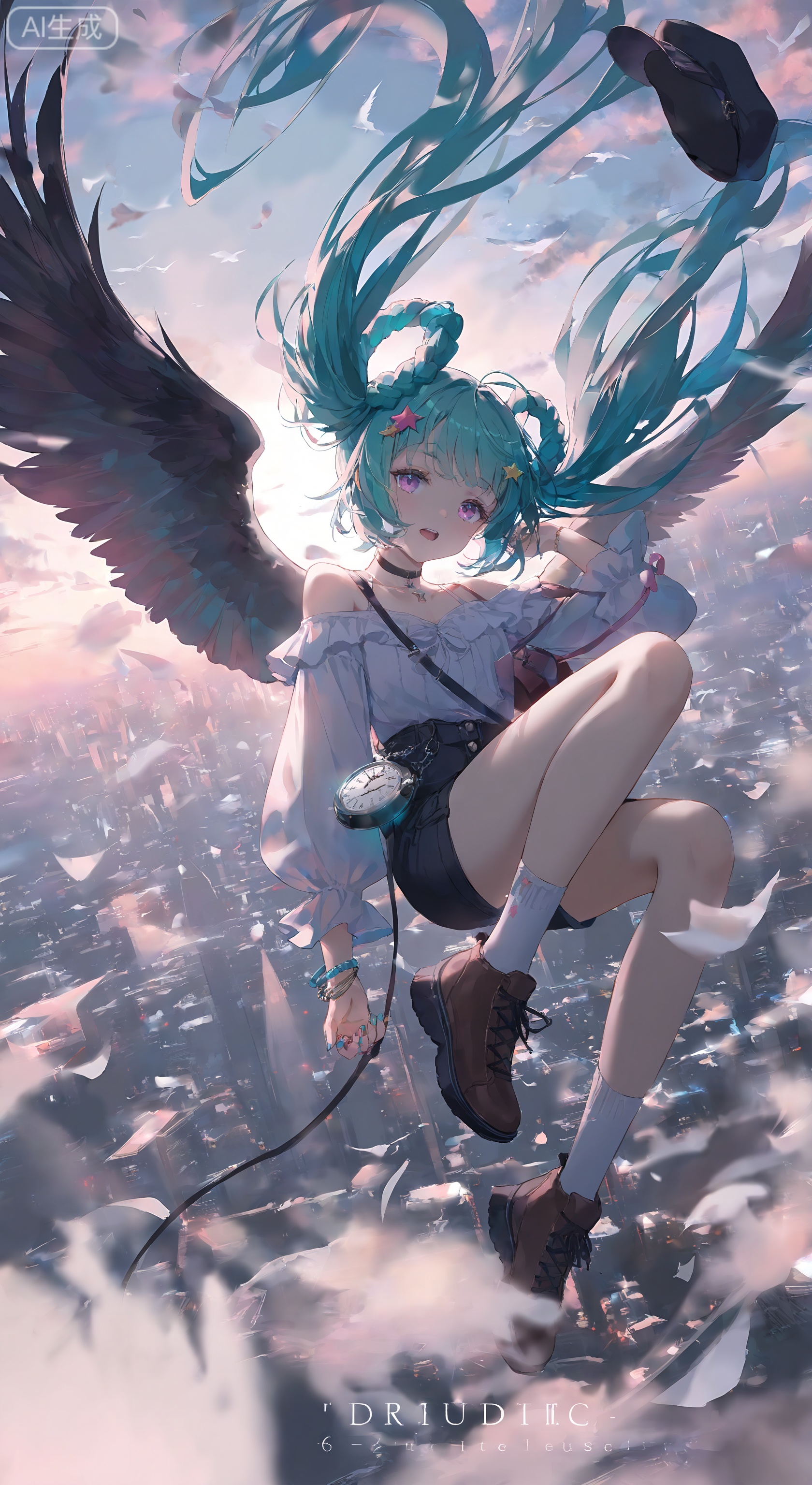 1girl, solo, long hair, looking at viewer, bangs, hair ornament, jewelry, purple eyes, braid, twintails,multicolored hair, choker, hairclip, pink eyes, off shoulder, star \(symbol\), nail polish, bracelet, aqua hair, ring, hair rings, star hair ornament, off-shoulder shirt,open mouth, shirt, long sleeves, hat, male focus, wings, sky, One hand upFalling, scattered pages, gravity, falling, despair,shoes, shorts, socks, cloud, bag, english text, bird, brown footwear, building, watch, shoulder bag, clock, wide shot, tower 
,depth of field,cinematic lighting,light particles,lens flare, extreme aesthetic,masterpiece,best quality,good quality,newest,very aesthetic,absurdres,A shot with tension, 32K UHD,sharp focus,best-quality,masterpiece,Emotionalization,temperate atmosphere,with a high-end texture,(Tyndall Effect 1.4),(wlop:0.6),year 2024:0.8),[[artist:rhasta]],colorful,best quality,very aesthetic,absurdres,32K UHD,sharp focus,best-quality,Emotionalization,temperate atmosphere,with a high-end texture,in the style of fashion photography,Dynamic,dynamic force picture,(Visual impact:1.2),The Ninth Art,impactful picture,offcial art,colorful,movie perspective, masterpiece,skin details,cyzf,yswh