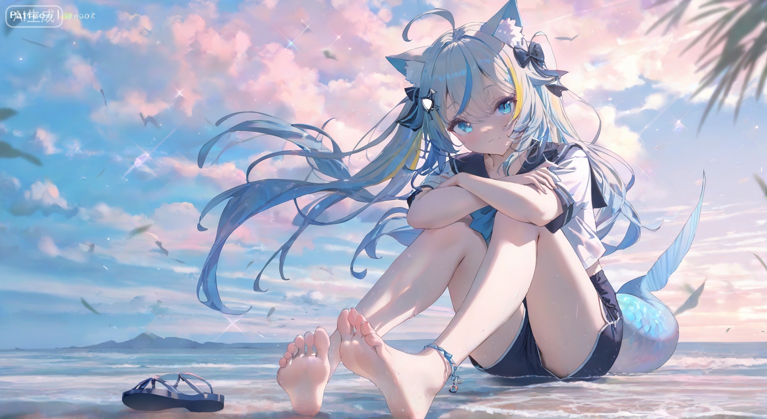 1girl, solo, long hair, looking at viewer, smile, bangs, blue eyes, blonde hair, bow, animal ears, sitting, blue hair, tail, full body, ahoge, hair bow, multicolored hair, outdoors, sky, shoes, shorts, barefoot, day, cloud, virtual youtuber, sailor collar, water, feet, blue sky, streaked hair, animal ear fluff, toes, :3, ocean, beach, soles, sandals, sand, anklet, fish tail, sandals removed
,depth of field,cinematic lighting,light particles,lens flare, extreme aesthetic,masterpiece,best quality,good quality,newest,very aesthetic,absurdres,A shot with tension, 32K UHD,sharp focus,best-quality,masterpiece,Emotionalization,temperate atmosphere,with a high-end texture,(Tyndall Effect 1.4),(wlop:0.6),year 2024:0.8),[[artist:rhasta]],colorful,best quality,very aesthetic,absurdres,32K UHD,sharp focus,best-quality,Emotionalization,temperate atmosphere,with a high-end texture,in the style of fashion photography,Dynamic,dynamic force picture,(Visual impact:1.2),The Ninth Art,impactful picture,offcial art,colorful,movie perspective, masterpiece