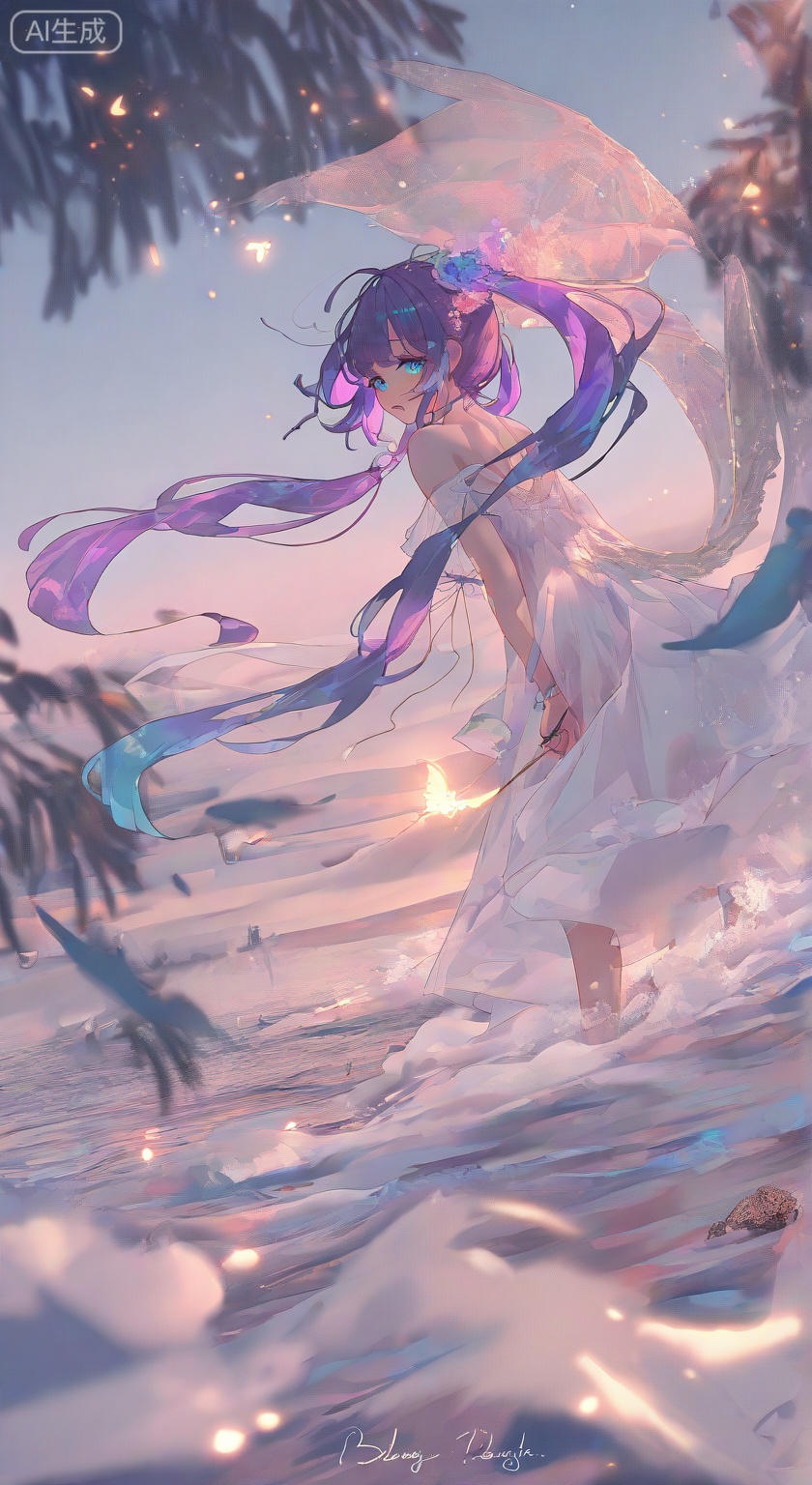1girl, solo, long hair, looking at viewer, bangs, blue eyes, hair ornament, dress, holding, bare shoulders, twintails, very long hair, purple hair, flower, outdoors, wings, sky, looking back, hair flower, off shoulder, white dress, english text, ocean, plant
,depth of field,cinematic lighting,light particles,lens flare, extreme aesthetic,masterpiece,best quality,good quality,newest,very aesthetic,absurdres,A shot with tension, 32K UHD,sharp focus,best-quality,masterpiece,Emotionalization,temperate atmosphere,with a high-end texture,(Tyndall Effect 1.4),(wlop:0.6),year 2024:0.8),[[artist:rhasta]],colorful,best quality,very aesthetic,absurdres,32K UHD,sharp focus,best-quality,Emotionalization,temperate atmosphere,with a high-end texture,in the style of fashion photography,Dynamic,dynamic force picture,(Visual impact:1.2),The Ninth Art,impactful picture,offcial art,colorful,movie perspective, masterpiece,reality