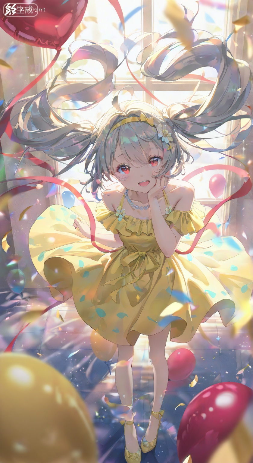 1girl, solo, long hair, looking at viewer, smile, open mouth, bangs, red eyes, dress, ribbon, bare shoulders, twintails, jewelry, flower, :d, grey hair, hairband, indoors, necklace, window, hand on own face, balloon, yellow dress, pearl necklace
,depth of field,cinematic lighting,light particles,lens flare, extreme aesthetic,masterpiece,best quality,good quality,newest,very aesthetic,absurdres,A shot with tension, 32K UHD,sharp focus,best-quality,masterpiece,Emotionalization,temperate atmosphere,with a high-end texture,(Tyndall Effect 1.4),(wlop:0.6),year 2024:0.8),[[artist:rhasta]],colorful,best quality,very aesthetic,absurdres,32K UHD,sharp focus,best-quality,Emotionalization,temperate atmosphere,with a high-end texture,in the style of fashion photography,Dynamic,dynamic force picture,(Visual impact:1.2),The Ninth Art,impactful picture,offcial art,colorful,movie perspective, masterpiece