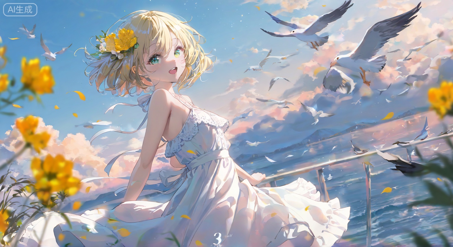1girl, solo, looking at viewer, smile, short hair, open mouth, blonde hair, hair ornament, dress, bare shoulders, green eyes, flower, outdoors, sky, day, cloud, hair flower, white dress, blue sky, bird, ocean, wind, sundress, seagull
,depth of field,cinematic lighting,light particles,lens flare, extreme aesthetic,masterpiece,best quality,good quality,newest,very aesthetic,absurdres,A shot with tension, 32K UHD,sharp focus,best-quality,masterpiece,Emotionalization,temperate atmosphere,with a high-end texture,(Tyndall Effect 1.4),(wlop:0.6),year 2024:0.8),[[artist:rhasta]],colorful,best quality,very aesthetic,absurdres,32K UHD,sharp focus,best-quality,Emotionalization,temperate atmosphere,with a high-end texture,in the style of fashion photography,Dynamic,dynamic force picture,(Visual impact:1.2),The Ninth Art,impactful picture,offcial art,colorful,movie perspective, masterpiece