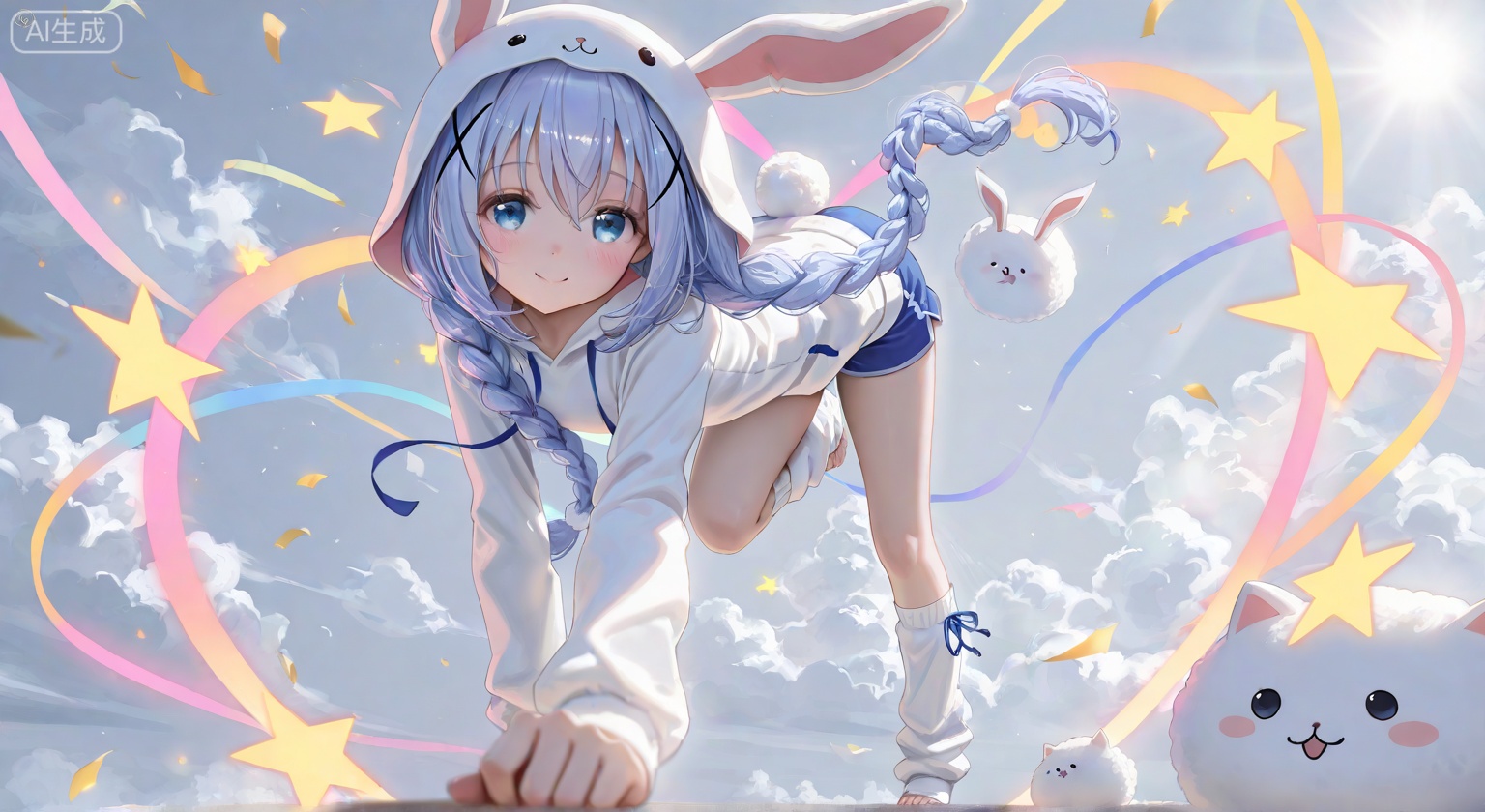 1girl, long hair, looking at viewer, smile, blue eyes, blue hair, braid, heart, shorts, cloud, hood, grey background, star \(symbol\), twin braids, hoodie, rabbit, animal hood, toeless legwear, leg warmers, angora rabbit, kafuu chino, tippy \(gochiusa\)
,depth of field,cinematic lighting,light particles,lens flare, extreme aesthetic,masterpiece,best quality,good quality,newest,very aesthetic,absurdres,A shot with tension, 32K UHD,sharp focus,best-quality,masterpiece,Emotionalization,temperate atmosphere,with a high-end texture,(Tyndall Effect 1.4),(wlop:0.6),year 2024:0.8),[[artist:rhasta]],colorful,best quality,very aesthetic,absurdres,32K UHD,sharp focus,best-quality,Emotionalization,temperate atmosphere,with a high-end texture,in the style of fashion photography,Dynamic,dynamic force picture,(Visual impact:1.2),The Ninth Art,impactful picture,offcial art,colorful,movie perspective, masterpiece