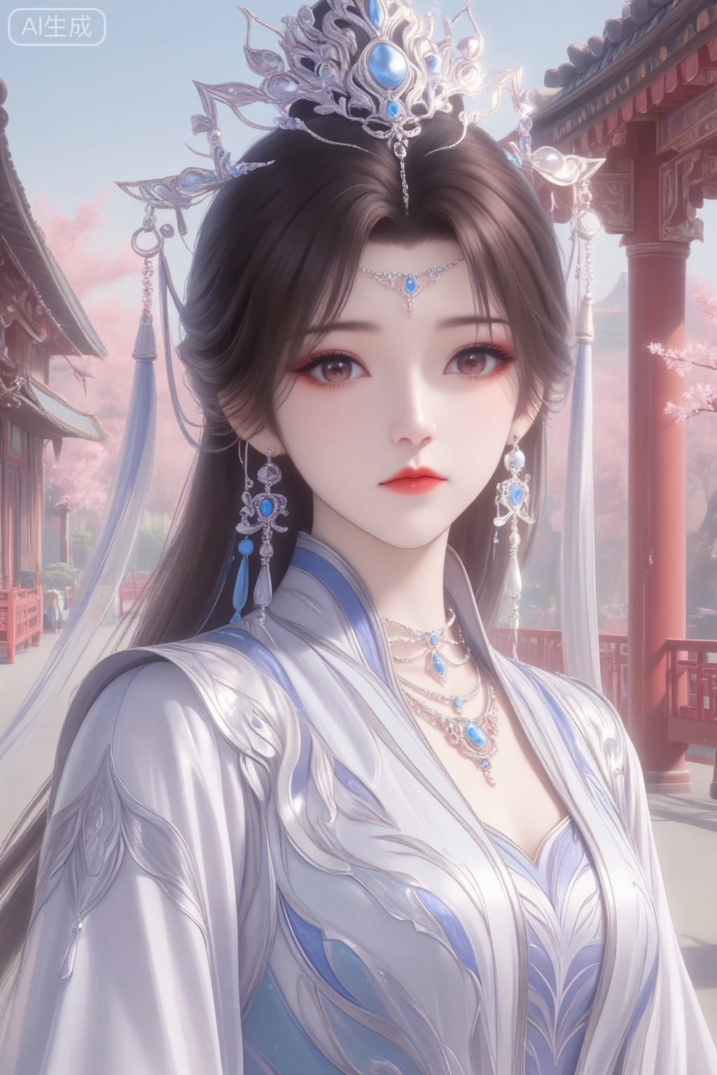 
Random scene,Random scene,
upper body,looking at viewer,
李慕婉,1girl, solo, long hair, looking at viewer, brown hair, hair ornament, dress, jewelry, earrings, necklace, white dress, bracelet, chinese clothes,masterpiece,best quality,official art,extremely detailed CG unity 8k wallpaper,
