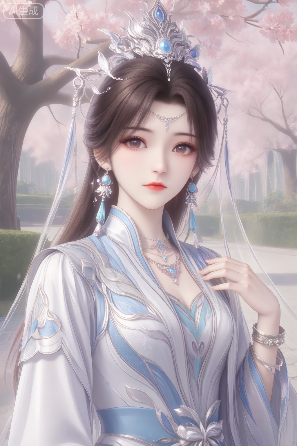 
Random scene,Random scene,
upper body,looking at viewer,
李慕婉,1girl, solo, long hair, looking at viewer, brown hair, hair ornament, dress, jewelry, earrings, necklace, white dress, bracelet, chinese clothes,masterpiece,best quality,official art,extremely detailed CG unity 8k wallpaper,
