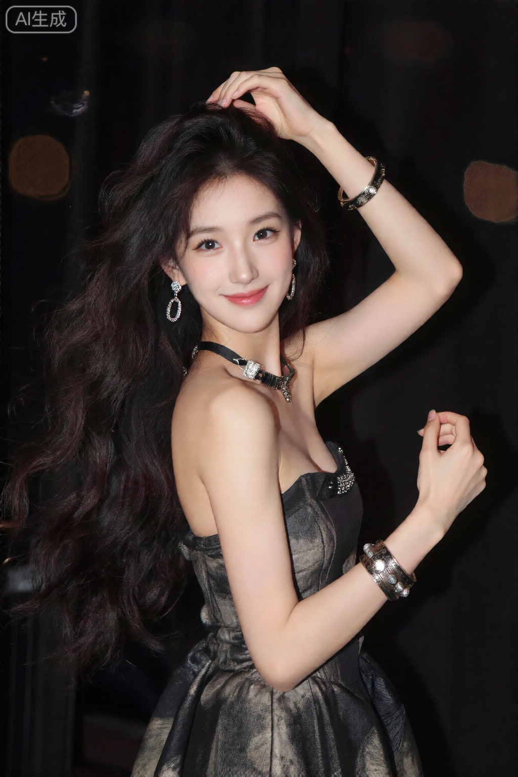 1 girl, alone, with long hair, looks towards the audience, smiling. She has black hair, wears a skirt, with her shoulders exposed, adorned with jewelry, earrings, black eyes, a black skirt, bracelets, and lips. She is dancing in a realistic style