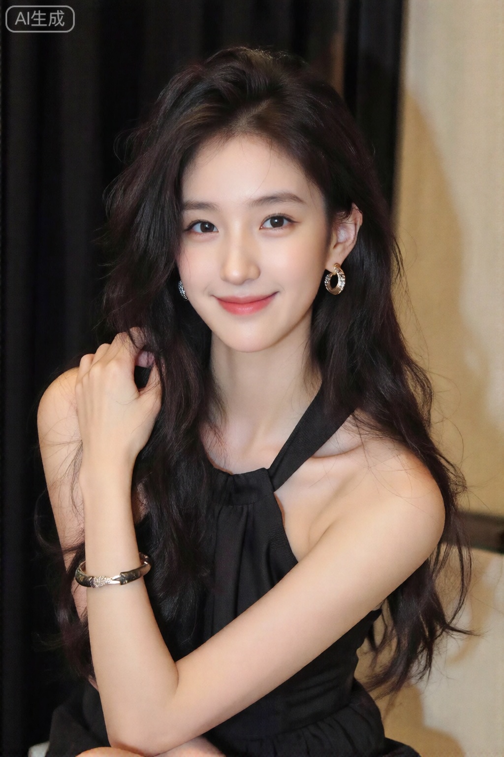 1girl, solo, long hair, looking at viewer, smile, black hair, dress, bare shoulders, jewelry, closed mouth, upper body, earrings, black eyes, black dress, bracelet, lips, realistic