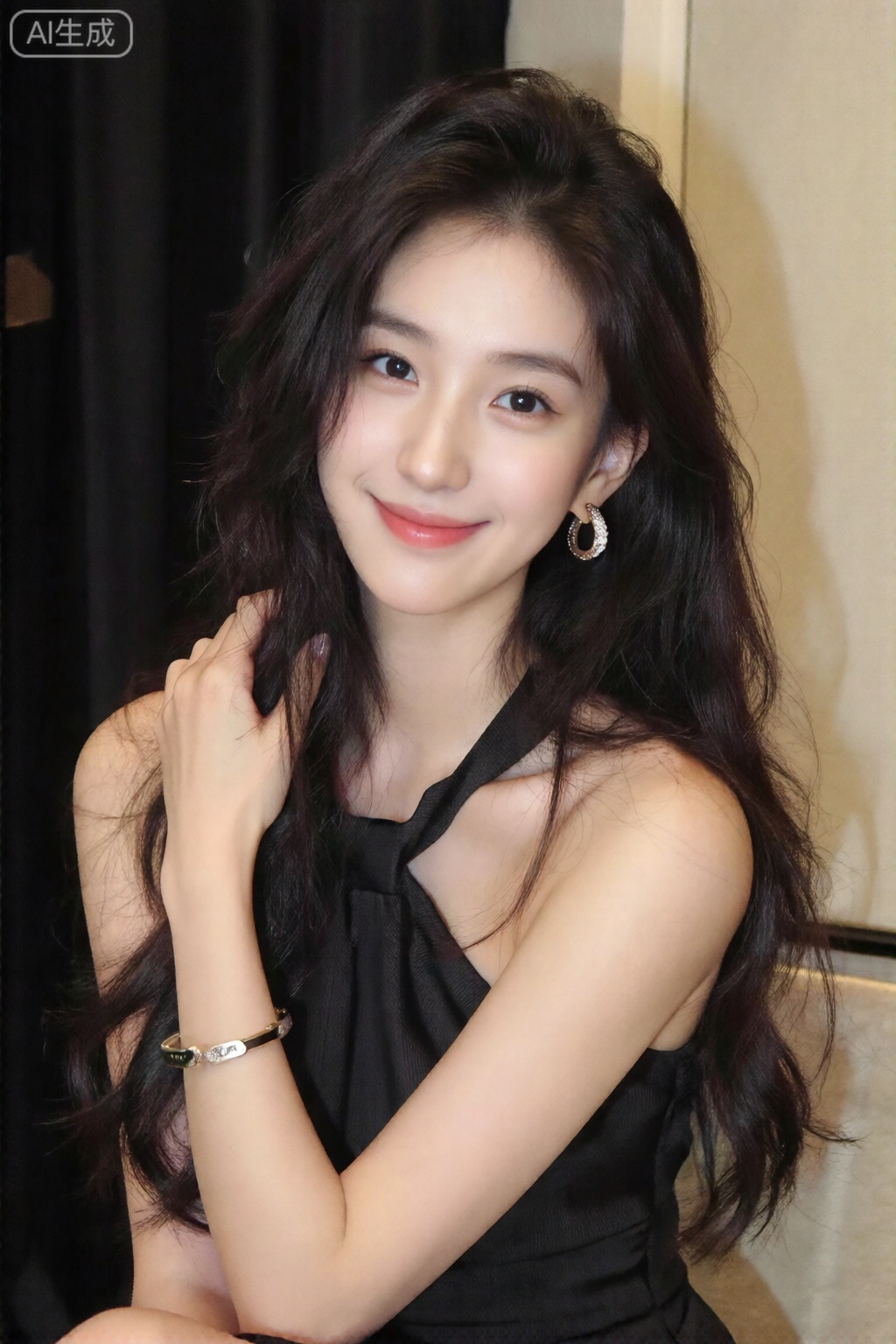 1girl, solo, long hair, looking at viewer, smile, black hair, dress, bare shoulders, jewelry, closed mouth, upper body, earrings, black eyes, black dress, bracelet, lips, realistic