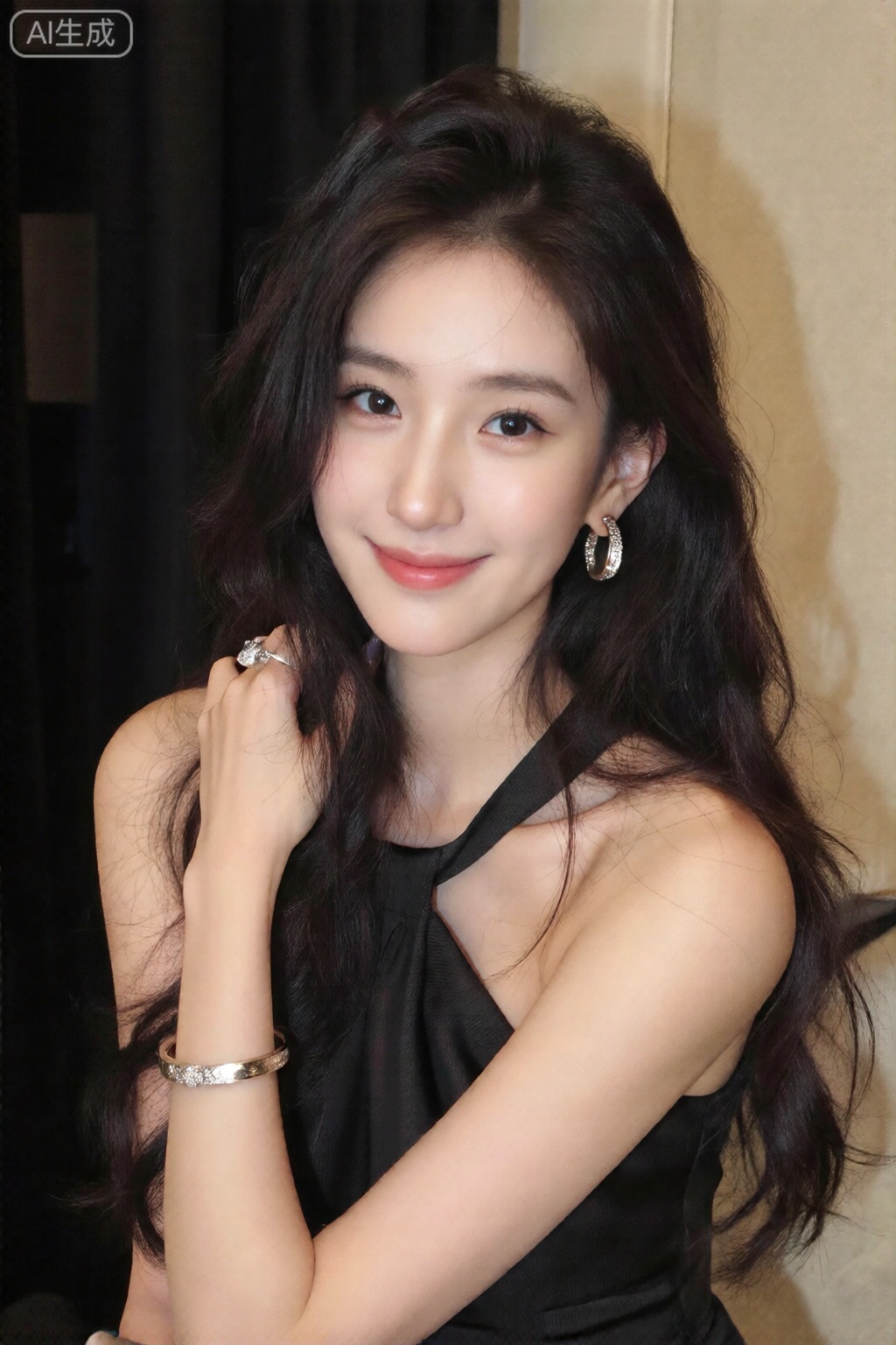 1girl, solo, long hair, looking at viewer, smile, black hair, dress, bare shoulders, jewelry, closed mouth, upper body, earrings, black eyes, black dress, bracelet, lips, realistic