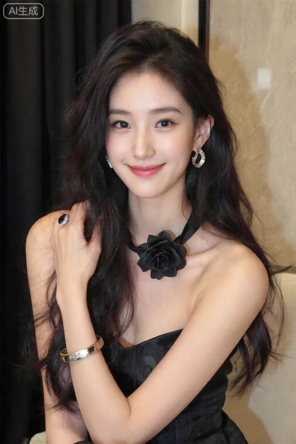 1girl, solo, long hair, looking at viewer, smile, black hair, dress, bare shoulders, jewelry, closed mouth, upper body, earrings, black eyes, black dress, bracelet, lips, realistic