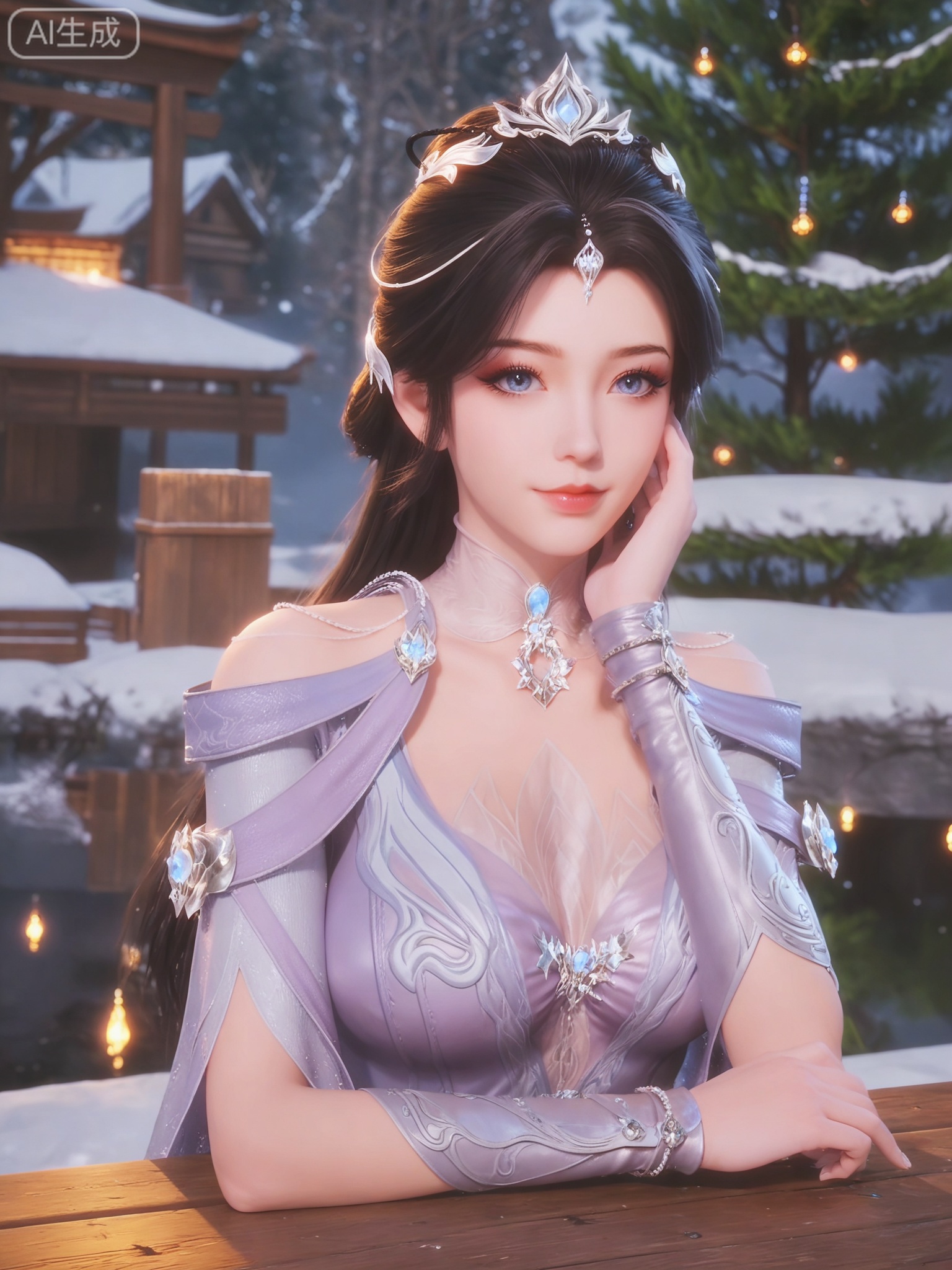 score_9,score_8_up,score_7_up,masterpiece,(best quality),(intricate details:0.9) BREAK (intricate details:0.9),(realistic skin:1.2),masterpiece,best quality,newest,absurdres,hiahres,1girl,solo,jewelry,hair ornament,dress,necklace,lips,eyeshadow,bracelet,tassel,(8k ultra-clear, pony style),photo pose 0.6, micro-expression: soft smile 0.3, half-body + medium shot 0.7,1girl,solo.looking_at_viewer,realistic,photorealistic,Vivid Colors,bright environment,shiny skin,shiny hairjewelry,detail eyes,Eyes highlights,glowing,sunshine,bright,reflection,bright,sunshine on face,shiny,shinny,petite,thin,leg slimming,lose weight,slim hips,lakeside,delicate water,reflection,(upper body:0.6)sitting_down,eyelashes,snow,Winter,Snowy landscape,Snow accumulation,Christmas tree,(huge breasts:1.1),