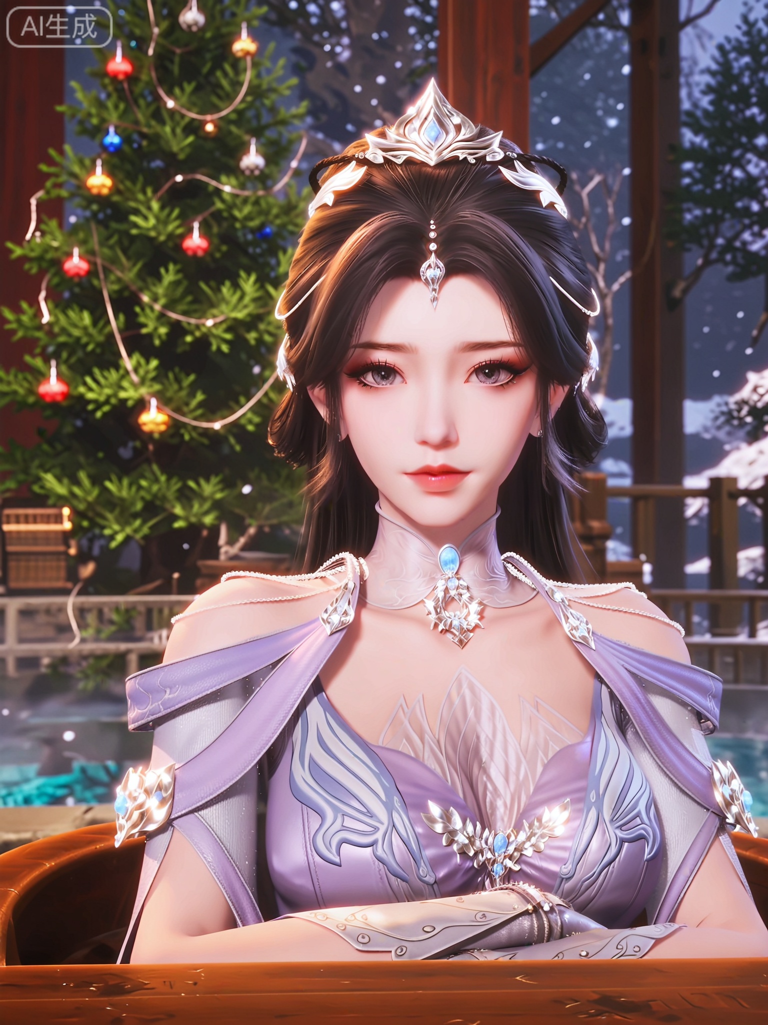 score_9,score_8_up,score_7_up,masterpiece,(best quality),(intricate details:0.9) BREAK (intricate details:0.9),(realistic skin:1.2),masterpiece,best quality,newest,absurdres,hiahres,1girl,solo,jewelry,hair ornament,dress,necklace,lips,eyeshadow,bracelet,tassel,(8k ultra-clear, pony style),photo pose 0.6, micro-expression: soft smile 0.3, half-body + medium shot 0.7,1girl,solo.looking_at_viewer,realistic,photorealistic,Vivid Colors,bright environment,shiny skin,shiny hairjewelry,detail eyes,Eyes highlights,glowing,sunshine,bright,reflection,bright,sunshine on face,shiny,shinny,petite,thin,leg slimming,lose weight,slim hips,lakeside,delicate water,reflection,(upper body:0.6)sitting_down,eyelashes,snow,Winter,Snowy landscape,Snow accumulation,Christmas tree,(huge breasts:1.1),