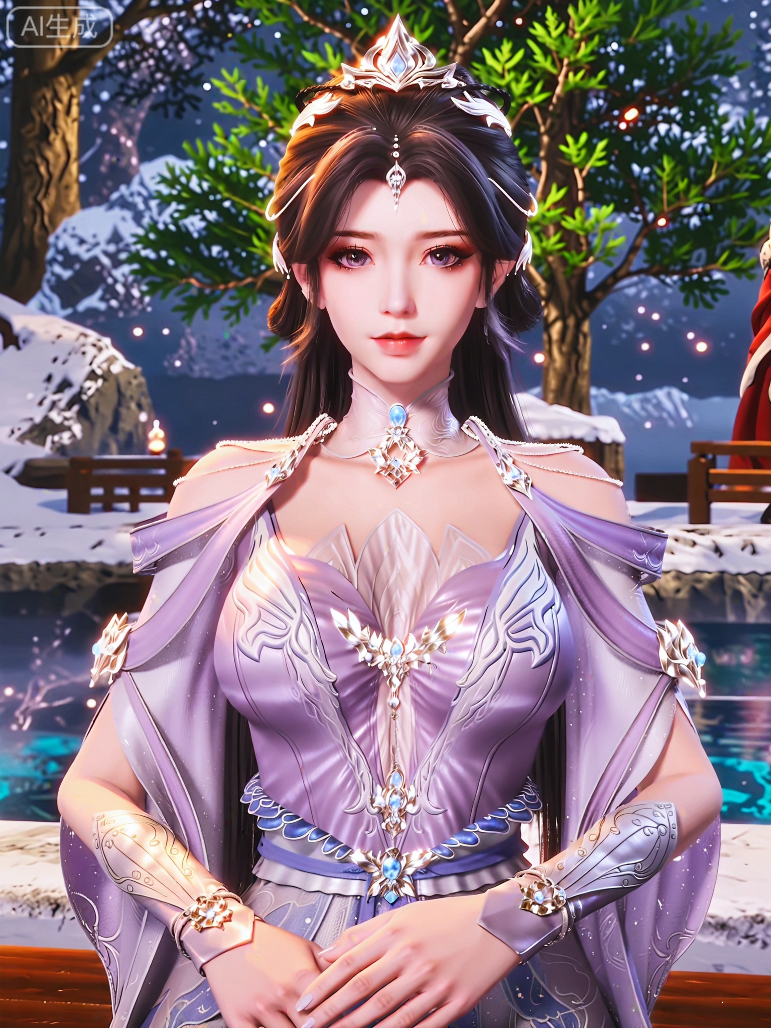 score_9,score_8_up,score_7_up,masterpiece,(best quality),(intricate details:0.9) BREAK (intricate details:0.9),(realistic skin:1.2),masterpiece,best quality,newest,absurdres,hiahres,1girl,solo,jewelry,hair ornament,dress,necklace,lips,eyeshadow,bracelet,tassel,(8k ultra-clear, pony style),photo pose 0.6, micro-expression: soft smile 0.3, half-body + medium shot 0.7,1girl,solo.looking_at_viewer,realistic,photorealistic,Vivid Colors,bright environment,shiny skin,shiny hairjewelry,detail eyes,Eyes highlights,glowing,sunshine,bright,reflection,bright,sunshine on face,shiny,shinny,petite,thin,leg slimming,lose weight,slim hips,lakeside,delicate water,reflection,(upper body:0.6)sitting_down,eyelashes,snow,Winter,Snowy landscape,Snow accumulation,Christmas tree,(huge breasts:1.1),