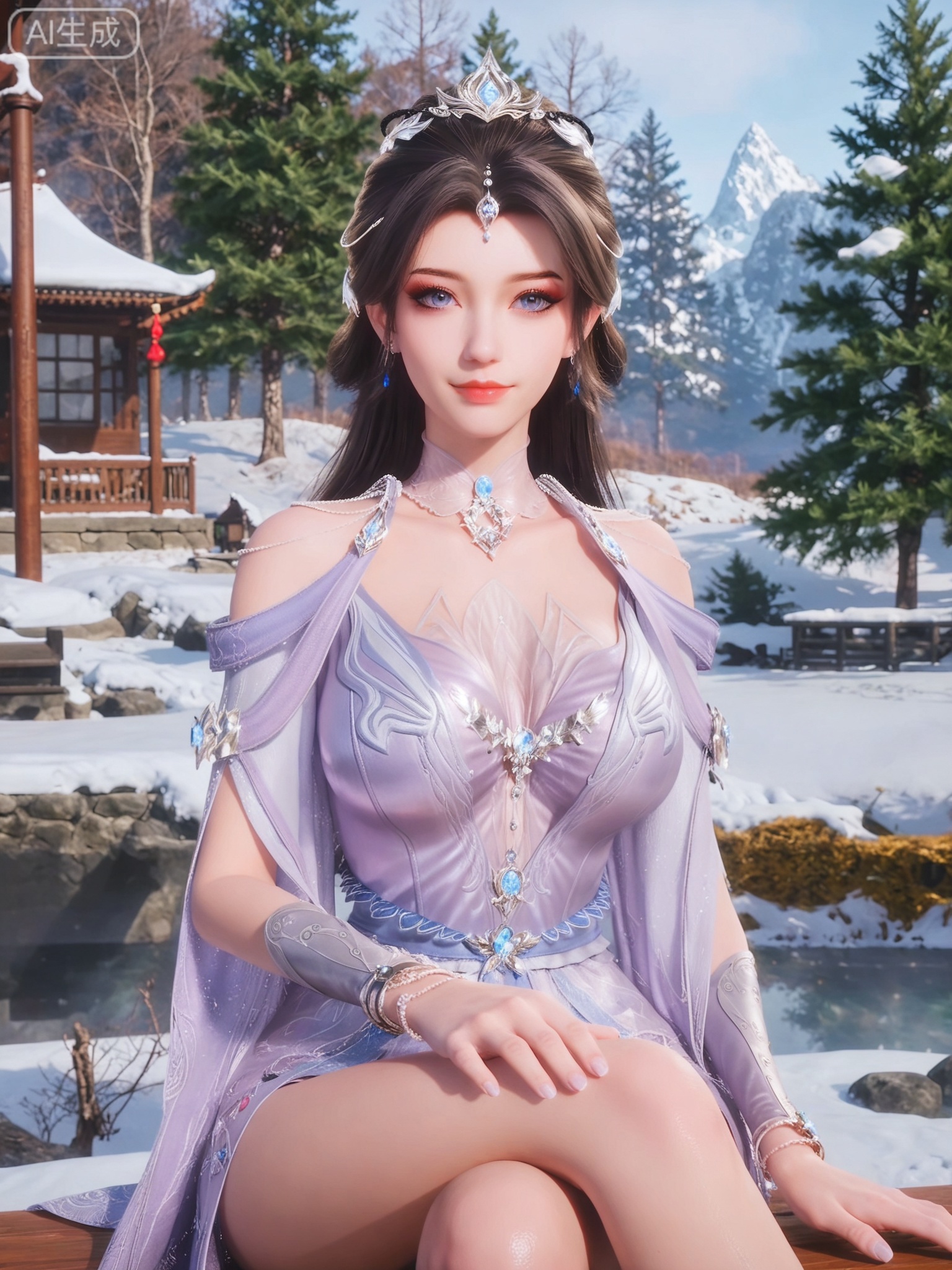 score_9,score_8_up,score_7_up,masterpiece,(best quality),(intricate details:0.9) BREAK (intricate details:0.9),(realistic skin:1.2),masterpiece,best quality,newest,absurdres,hiahres,1girl,solo,jewelry,hair ornament,dress,necklace,lips,eyeshadow,bracelet,tassel,(8k ultra-clear, pony style),photo pose 0.6, micro-expression: soft smile 0.3, half-body + medium shot 0.7,1girl,solo.looking_at_viewer,realistic,photorealistic,Vivid Colors,bright environment,shiny skin,shiny hairjewelry,detail eyes,Eyes highlights,glowing,sunshine,bright,reflection,bright,sunshine on face,shiny,shinny,petite,thin,leg slimming,lose weight,slim hips,lakeside,delicate water,reflection,(upper body:0.6)sitting_down,eyelashes,snow,Winter,Snowy landscape,Snow accumulation,Christmas tree,(huge breasts:1.1),