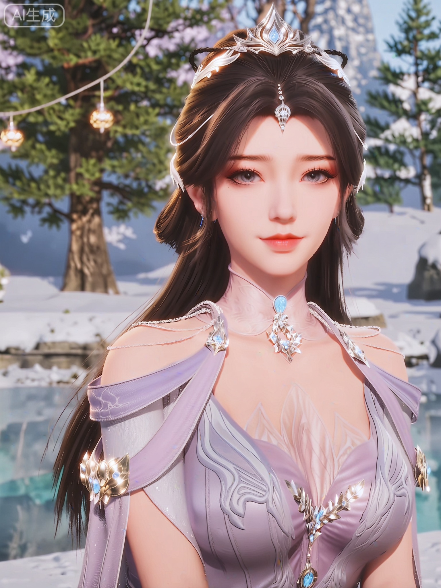 score_9,score_8_up,score_7_up,masterpiece,(best quality),(intricate details:0.9) BREAK (intricate details:0.9),(realistic skin:1.2),masterpiece,best quality,newest,absurdres,hiahres,1girl,solo,jewelry,hair ornament,dress,necklace,lips,eyeshadow,bracelet,tassel,(8k ultra-clear, pony style),photo pose 0.6, micro-expression: soft smile 0.3, half-body + medium shot 0.7,1girl,solo.looking_at_viewer,realistic,photorealistic,Vivid Colors,bright environment,shiny skin,shiny hairjewelry,detail eyes,Eyes highlights,glowing,sunshine,bright,reflection,bright,sunshine on face,shiny,shinny,petite,thin,leg slimming,lose weight,slim hips,lakeside,delicate water,reflection,(upper body:0.6)sitting_down,eyelashes,snow,Winter,Snowy landscape,Snow accumulation,Christmas tree,(huge breasts:1.1),