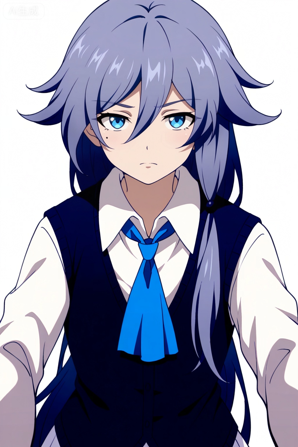 masterpiece, best quality,solo,((white background:1.2)),simple background,, 
looking at viewer,anime_style,fu_hua,blue eyes,grey hair,hair ornament,hair between eyes,shirt,white shirt,collared shirt,skirt,vest,blue necktie,