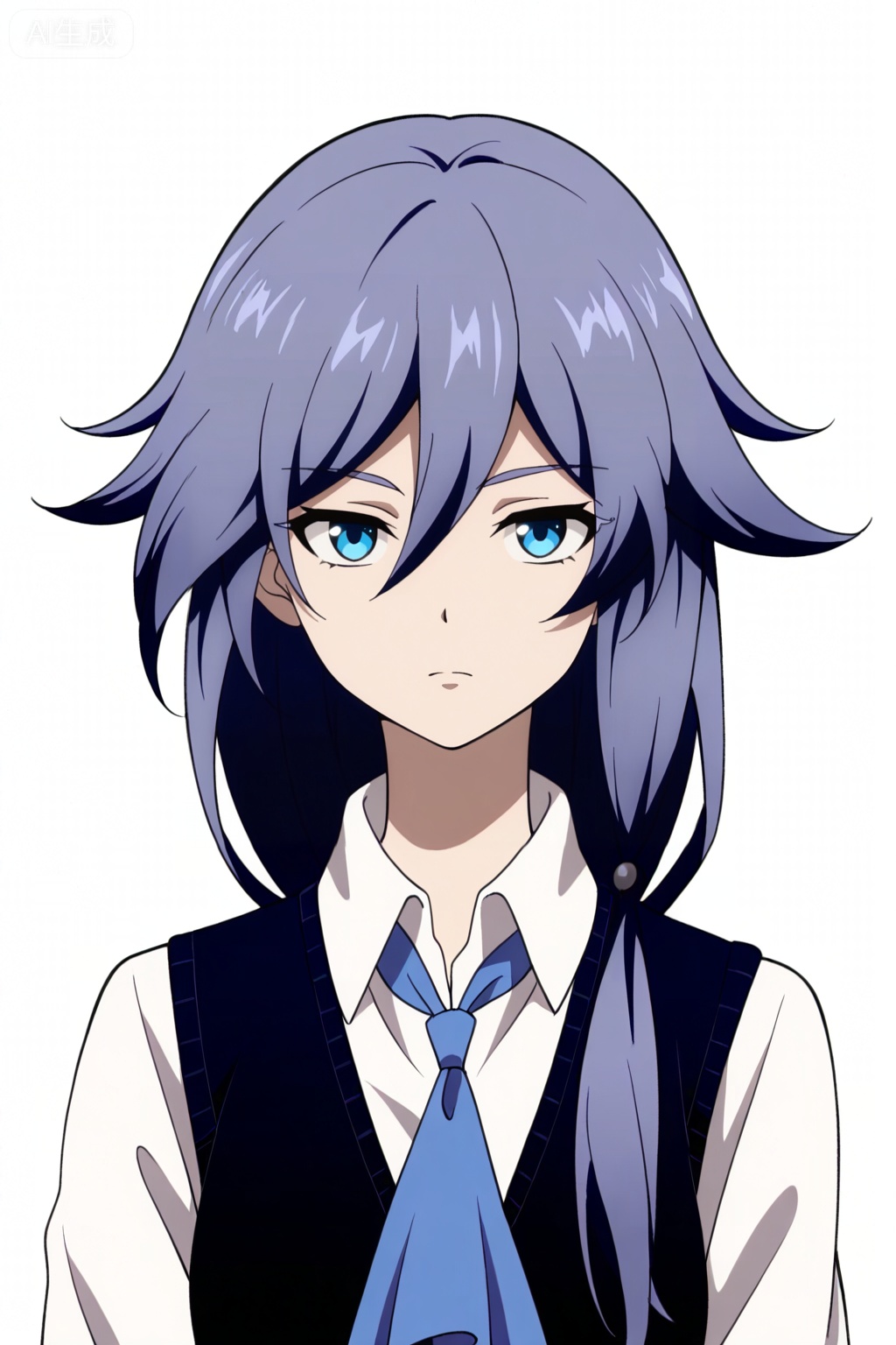 masterpiece, best quality,solo,((white background:1.2)),simple background,, 
looking at viewer,anime_style,fu_hua,blue eyes,grey hair,hair ornament,hair between eyes,shirt,white shirt,collared shirt,skirt,vest,blue necktie,
