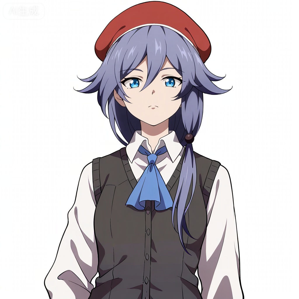 masterpiece, best quality,solo,((white background:1.2)),simple background,, 
looking at viewer,anime_style,fu_hua,blue eyes,grey hair,hair ornament,hair between eyes,shirt,white shirt,collared shirt,hat,skirt,beret,vest,blue necktie,