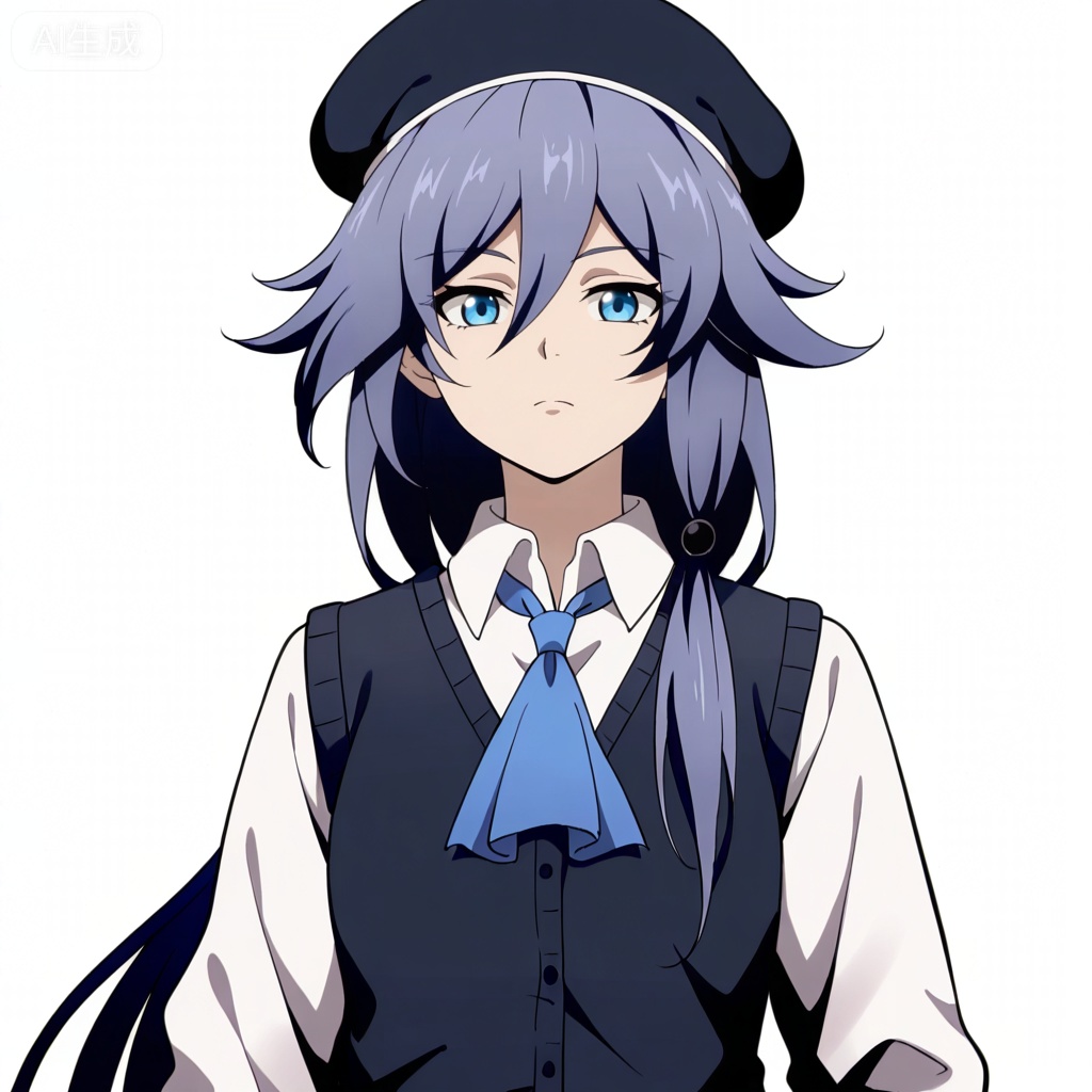 masterpiece, best quality,solo,((white background:1.2)),simple background,, 
looking at viewer,anime_style,fu_hua,blue eyes,grey hair,hair ornament,hair between eyes,shirt,white shirt,collared shirt,hat,skirt,beret,vest,blue necktie,