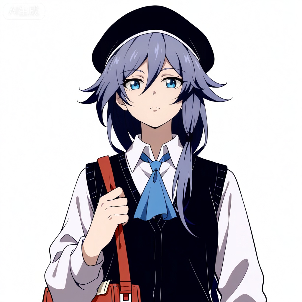 masterpiece, best quality,solo,((white background:1.2)),simple background,, 
looking at viewer,anime_style,fu_hua,blue eyes,grey hair,hair ornament,hair between eyes,shirt,white shirt,collared shirt,hat,skirt,beret,vest,blue necktie,shoulder bag