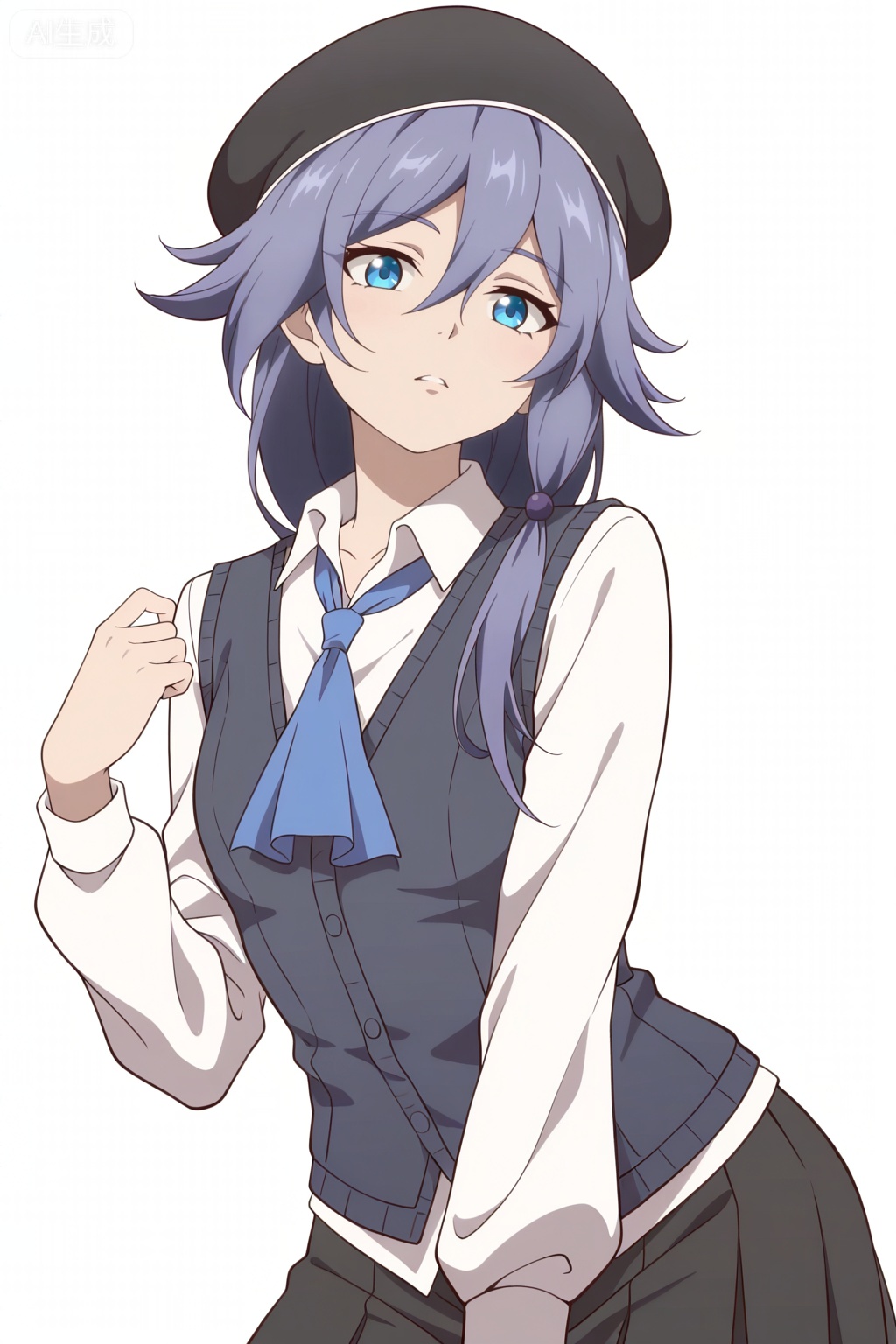 masterpiece, best quality,solo,((white background:1.2)),simple background,, 
looking at viewer,anime_style,fu_hua,blue eyes,grey hair,hair ornament,hair between eyes,shirt,white shirt,collared shirt,hat,skirt,beret,vest,blue necktie,