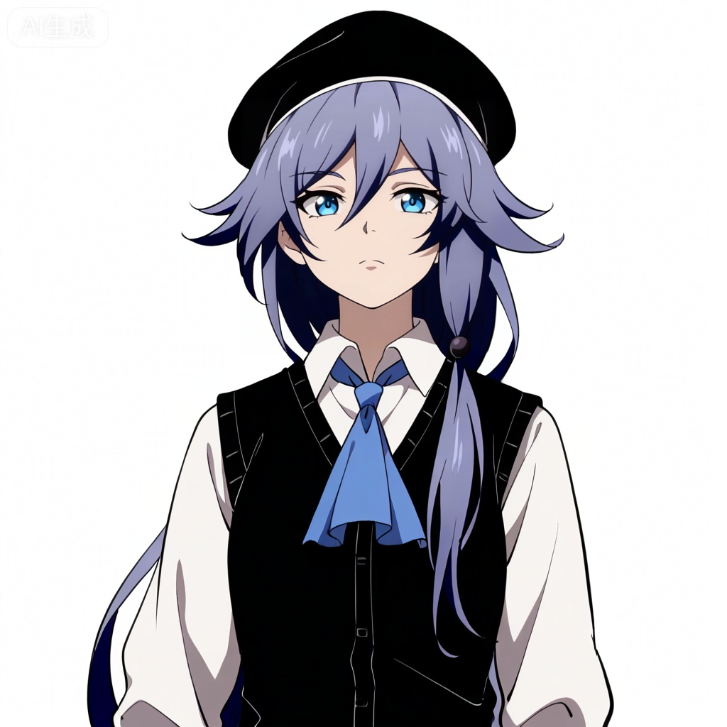 masterpiece, best quality,solo,((white background:1.2)),simple background,, 
looking at viewer,anime_style,fu_hua,blue eyes,grey hair,hair ornament,hair between eyes,shirt,white shirt,collared shirt,hat,skirt,beret,vest,blue necktie,