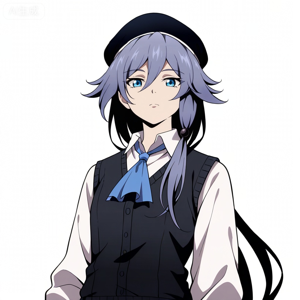 masterpiece, best quality,solo,((white background:1.2)),simple background,, 
looking at viewer,anime_style,fu_hua,blue eyes,grey hair,hair ornament,hair between eyes,shirt,white shirt,collared shirt,hat,skirt,beret,vest,blue necktie,