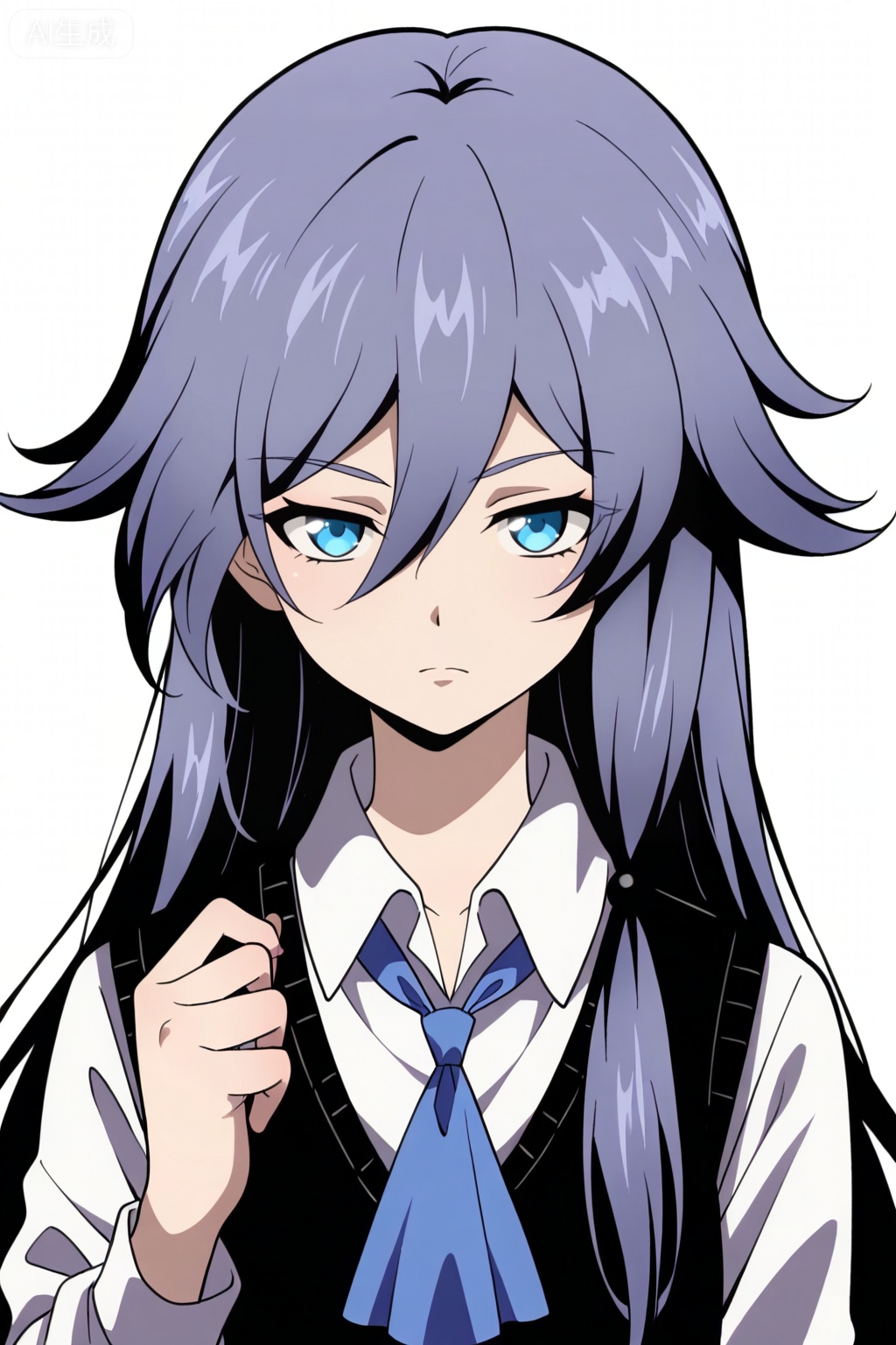 masterpiece, best quality,solo,((white background:1.2)),simple background,, 
looking at viewer,anime_style,fu_hua,blue eyes,grey hair,hair ornament,hair between eyes,shirt,white shirt,collared shirt,skirt,vest,blue necktie,