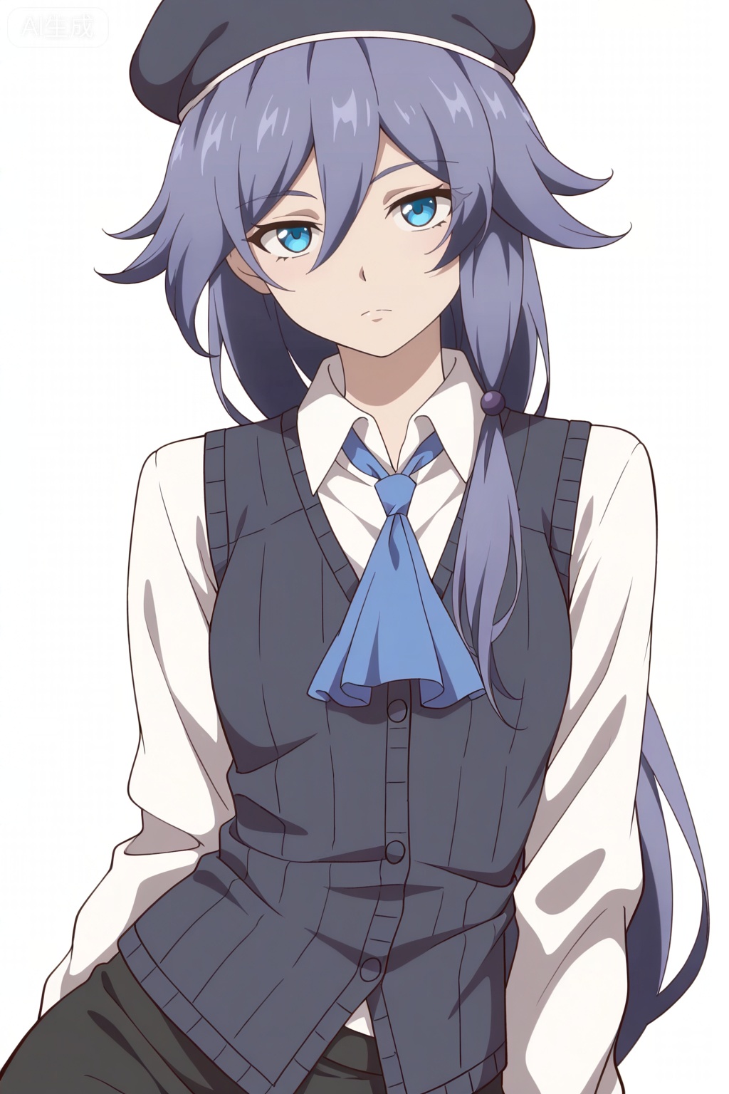 masterpiece, best quality,solo,((white background:1.2)),simple background,, 
looking at viewer,anime_style,fu_hua,blue eyes,grey hair,hair ornament,hair between eyes,shirt,white shirt,collared shirt,hat,skirt,beret,vest,blue necktie,