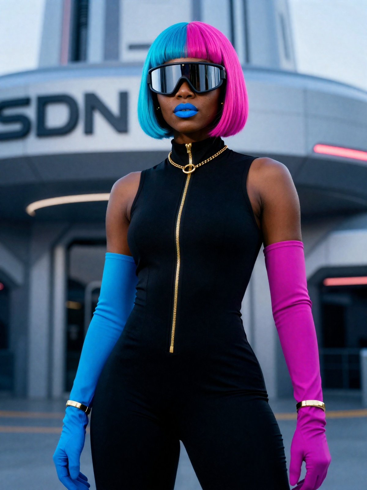 Photo-realistic futuristic Black woman,  sharp two-tone blunt bob haircut with straight bangs and a clean center part (lef...