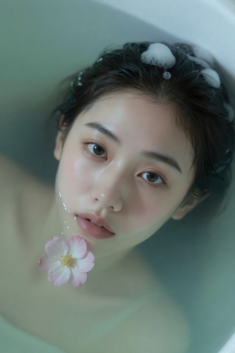 A hauntingly intimate close-up captures a woman's face emerging from a vat of luminous,  pale green water—her dark hair pl...