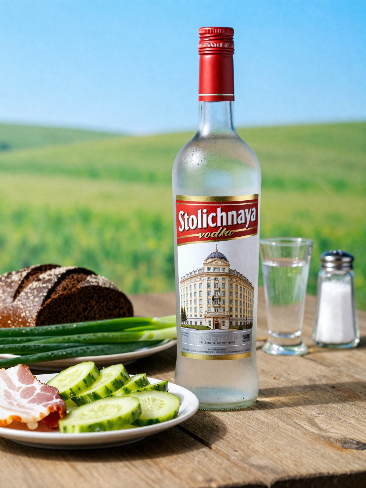 A close-up photograph of a frosted,  half-empty bottle of Stolichnaya Russian vodka resting on a rough-hewn wooden table....