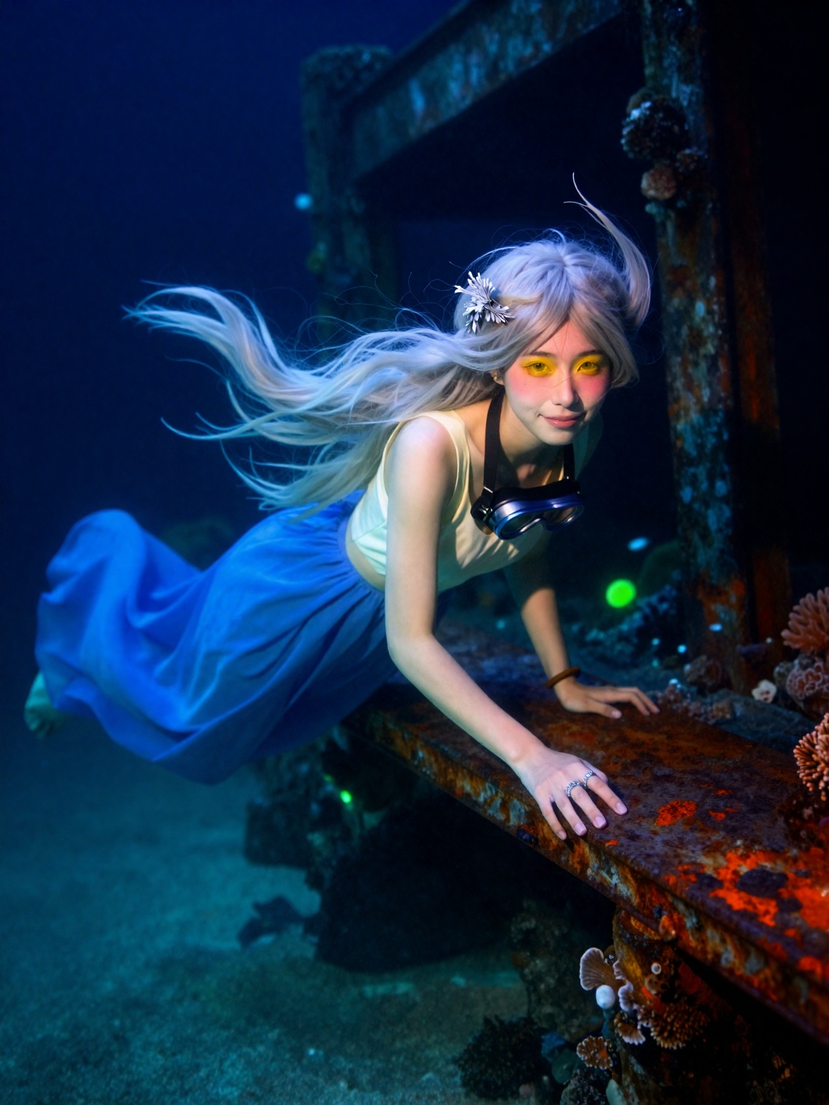 A young woman floats in ghostly silence,  her grey-white hair drifting in a slow,  weightless curtain around her. A long s...