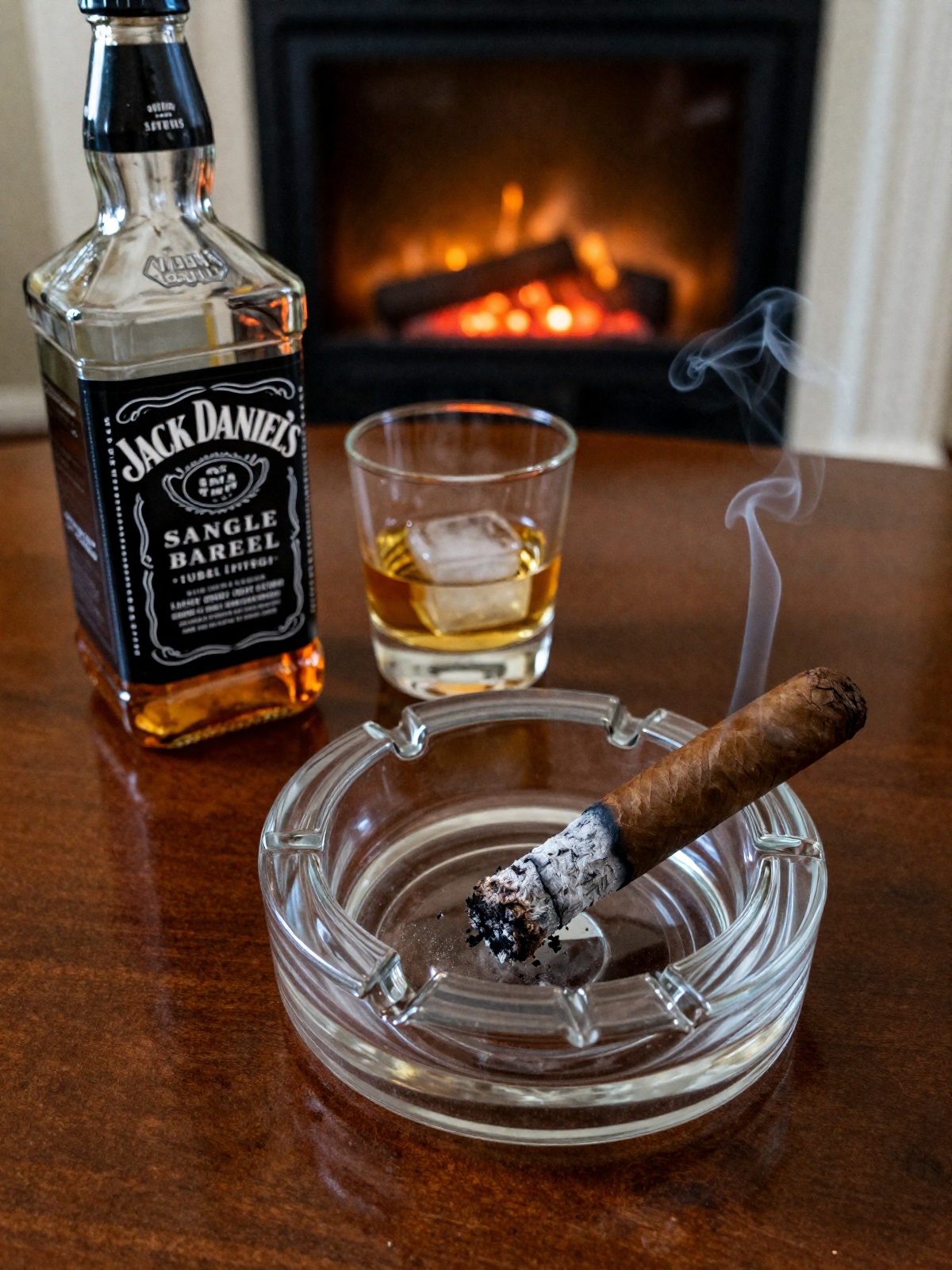 A close-up photo of a polished wooden tabletop with a half-empty bottle of Jack Daniel's Single Barrel on it. Next to the...