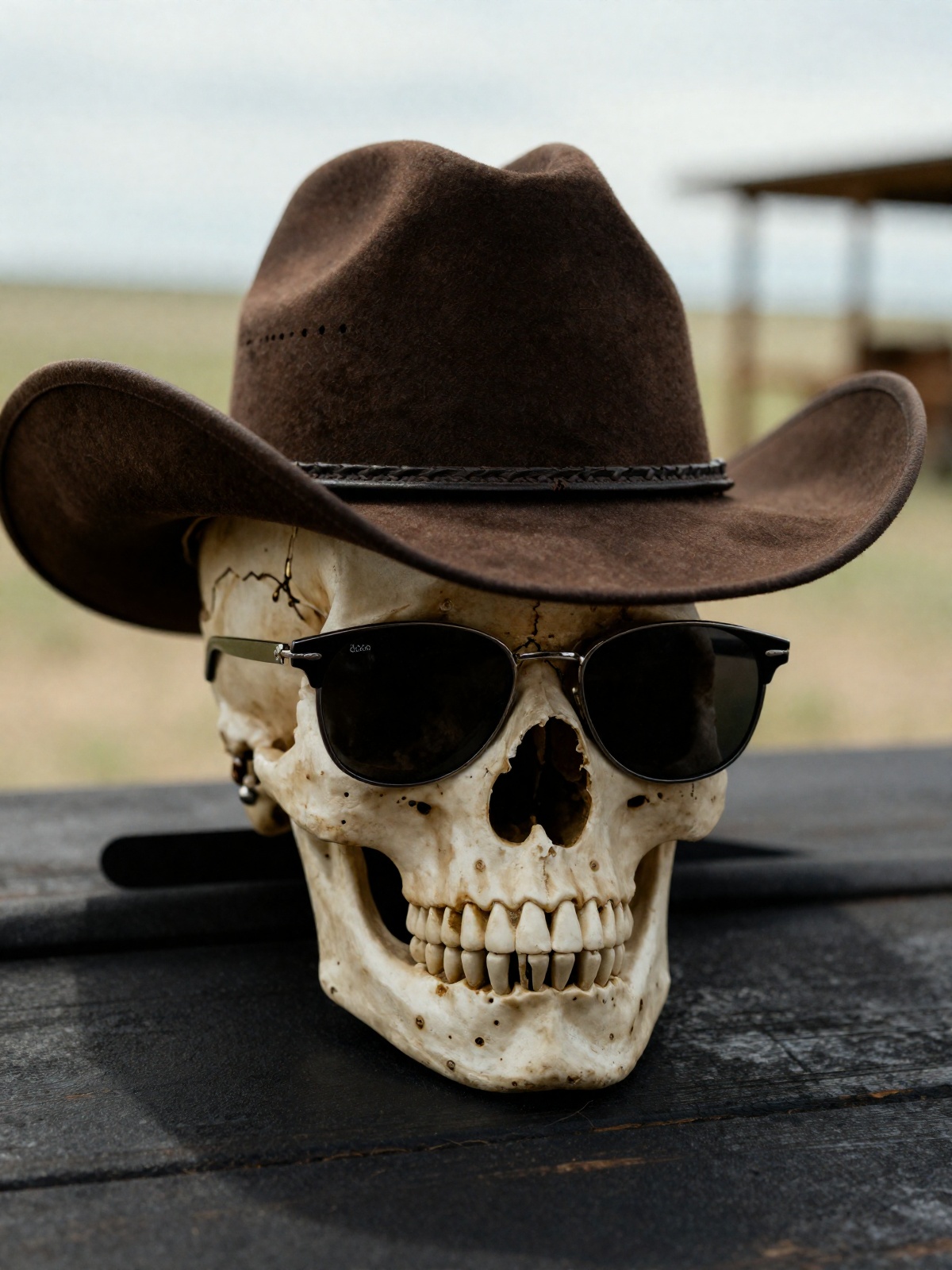 a human skull wearing cowboy hat and dark Rey-ban shades. background: Wild West. on Tensor.Art