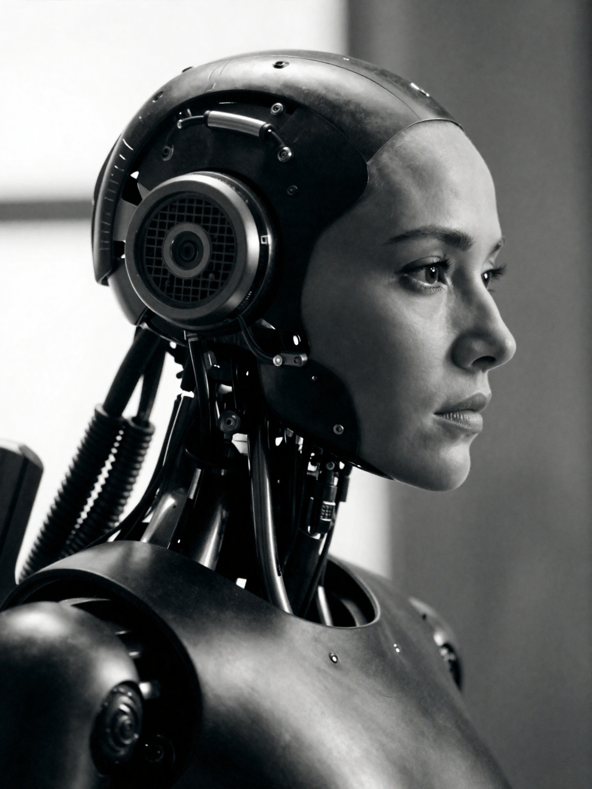 A cinematic scene is a close-up black and white portrait of a female robot head facing towards the right side of A cinemat...